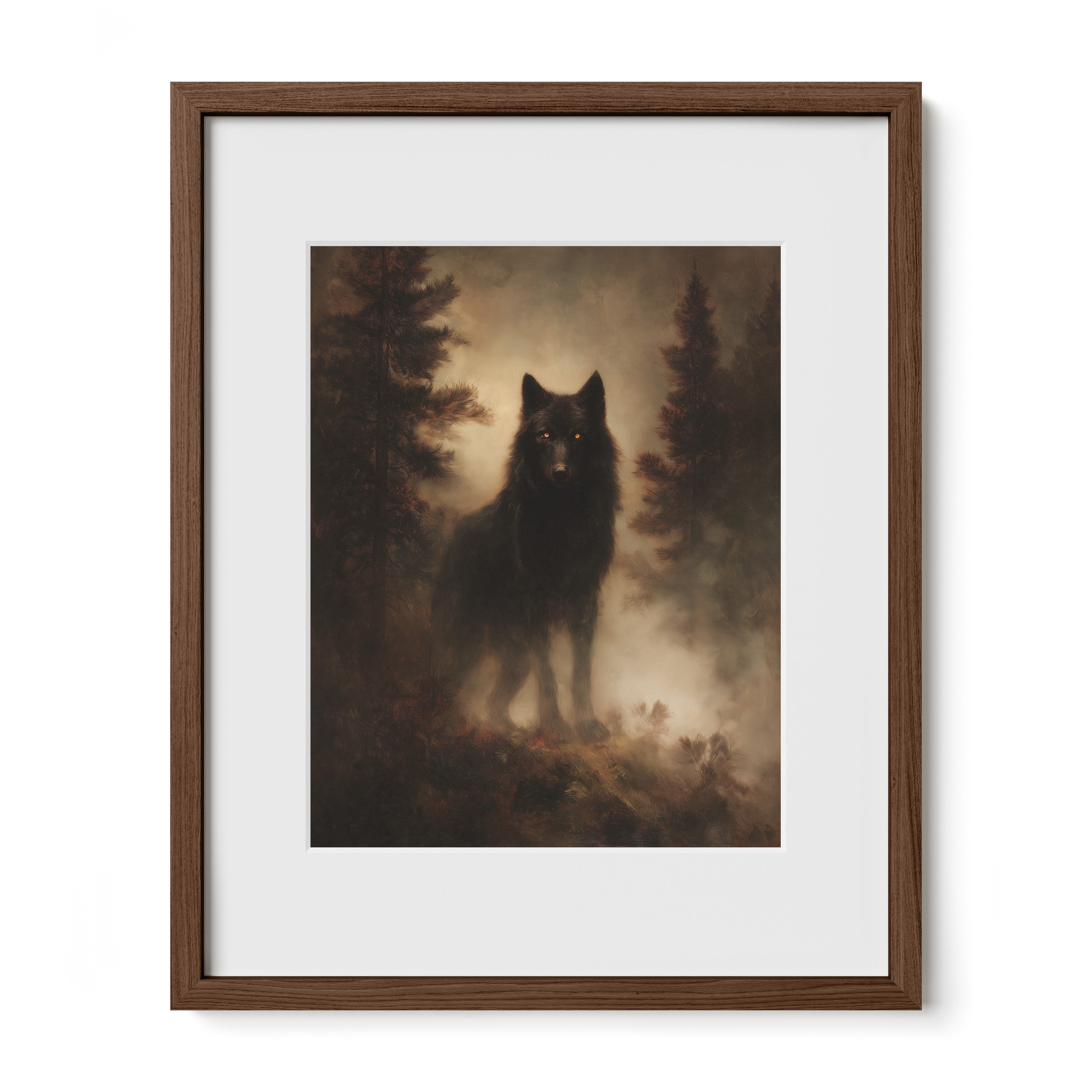 walnut framed misty woodland wildlife wall art print with mat