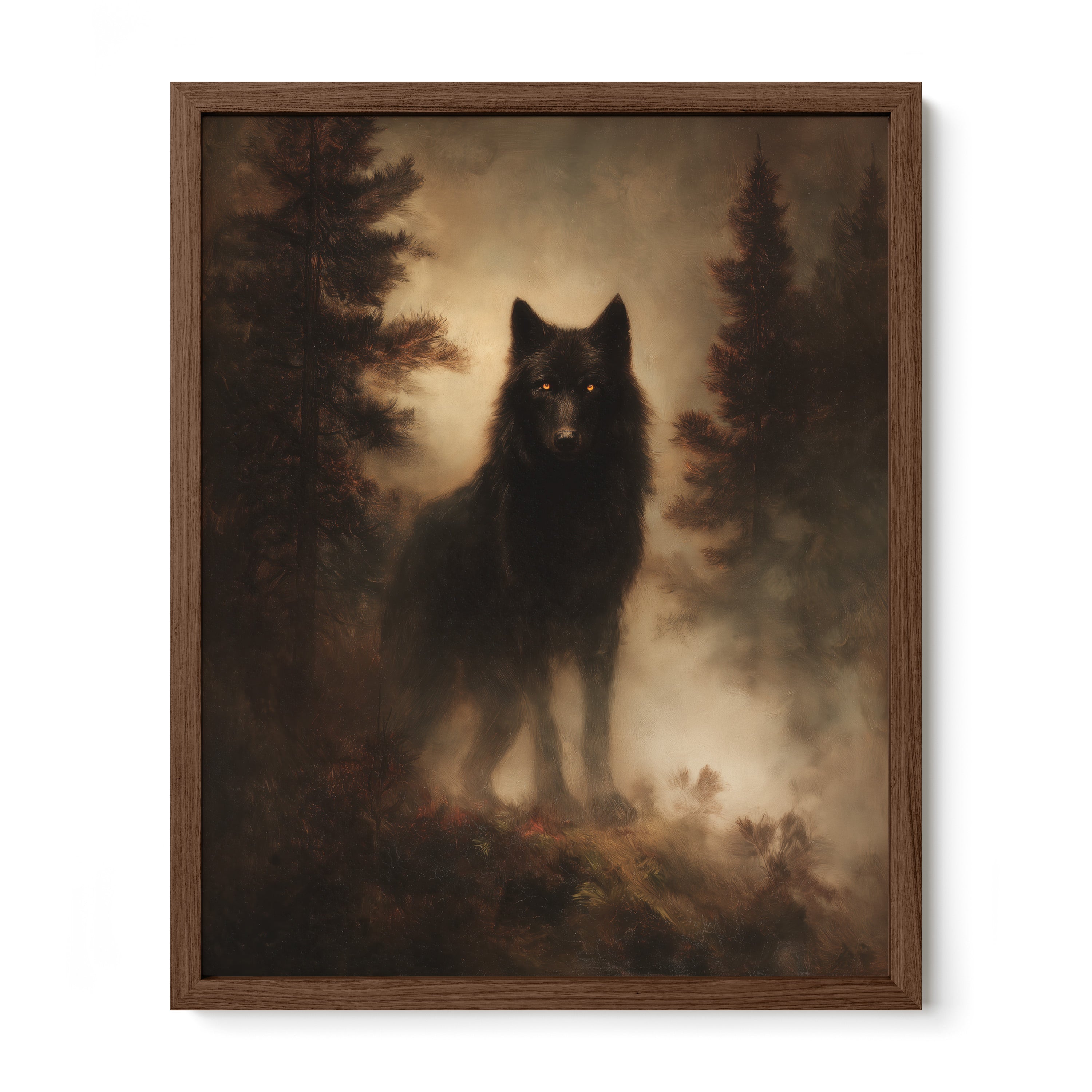 walnut framed moody forest wildlife wall art print
