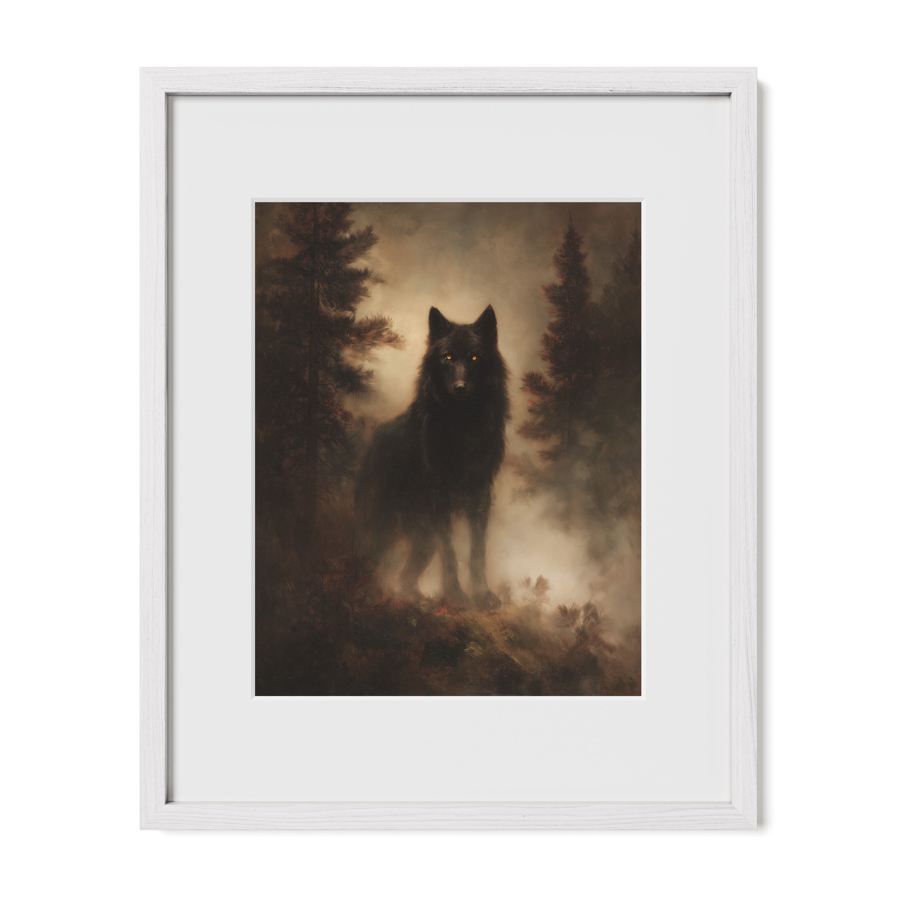 white framed forest wildlife wall art print with mat