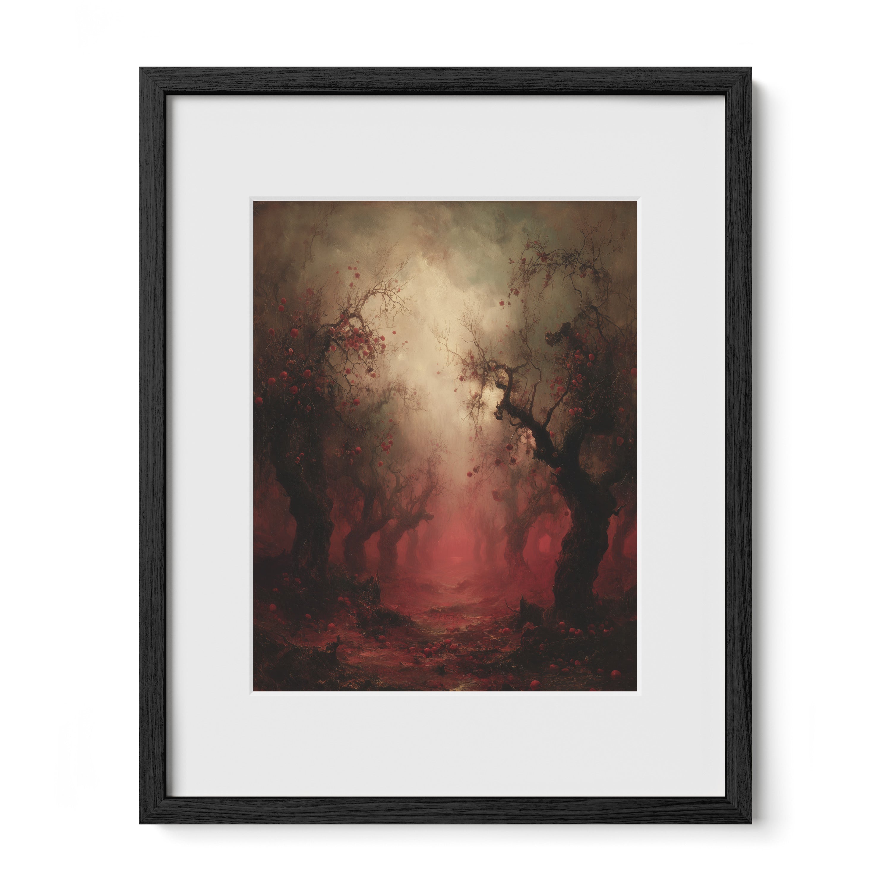 black framed red forest wall art print with mat