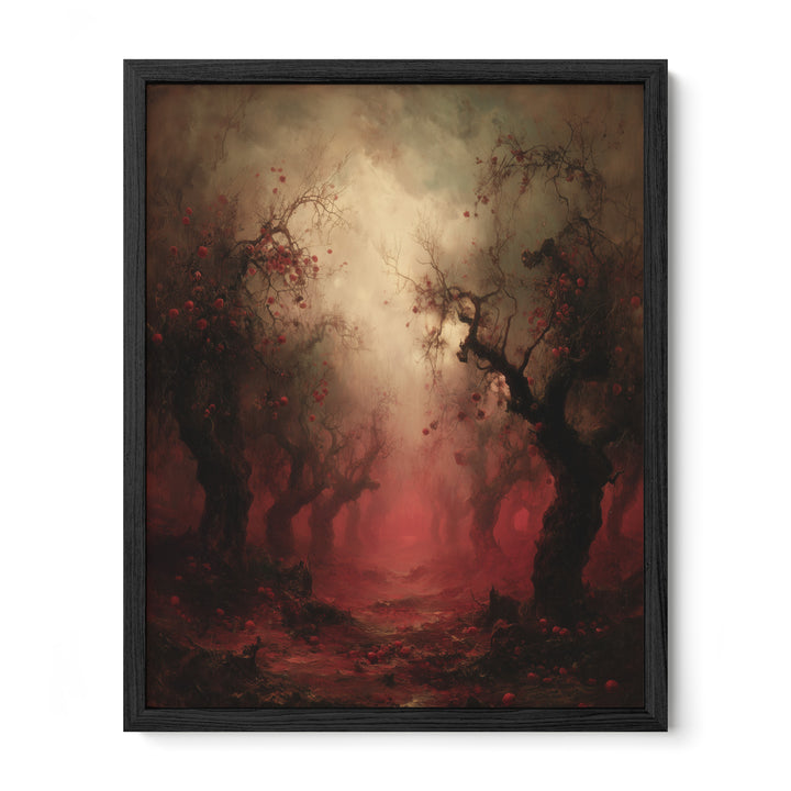 black framed gothic red forest wall art print