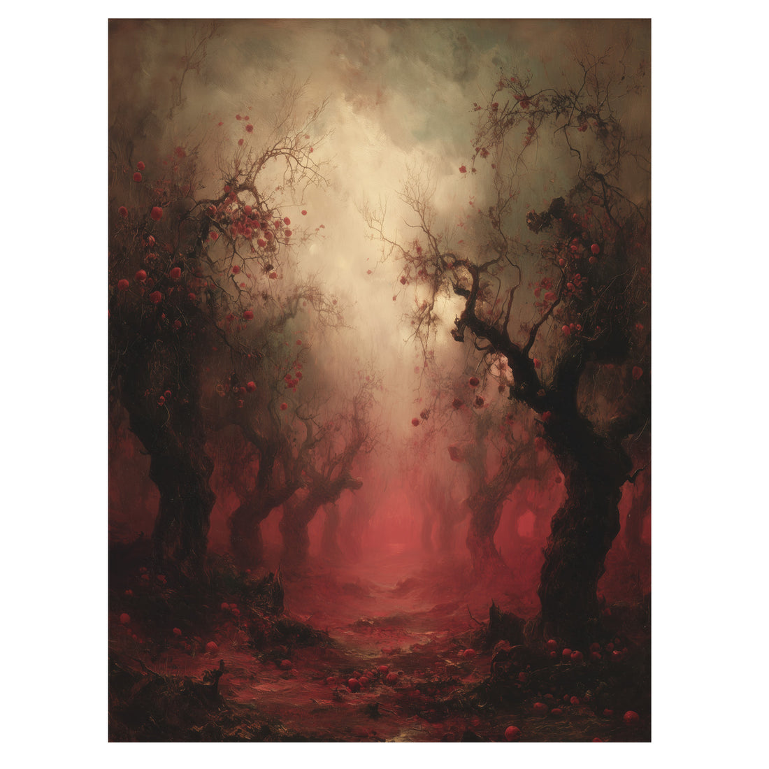 gothic red forest wall art print with twisted trees and pale woodland fog