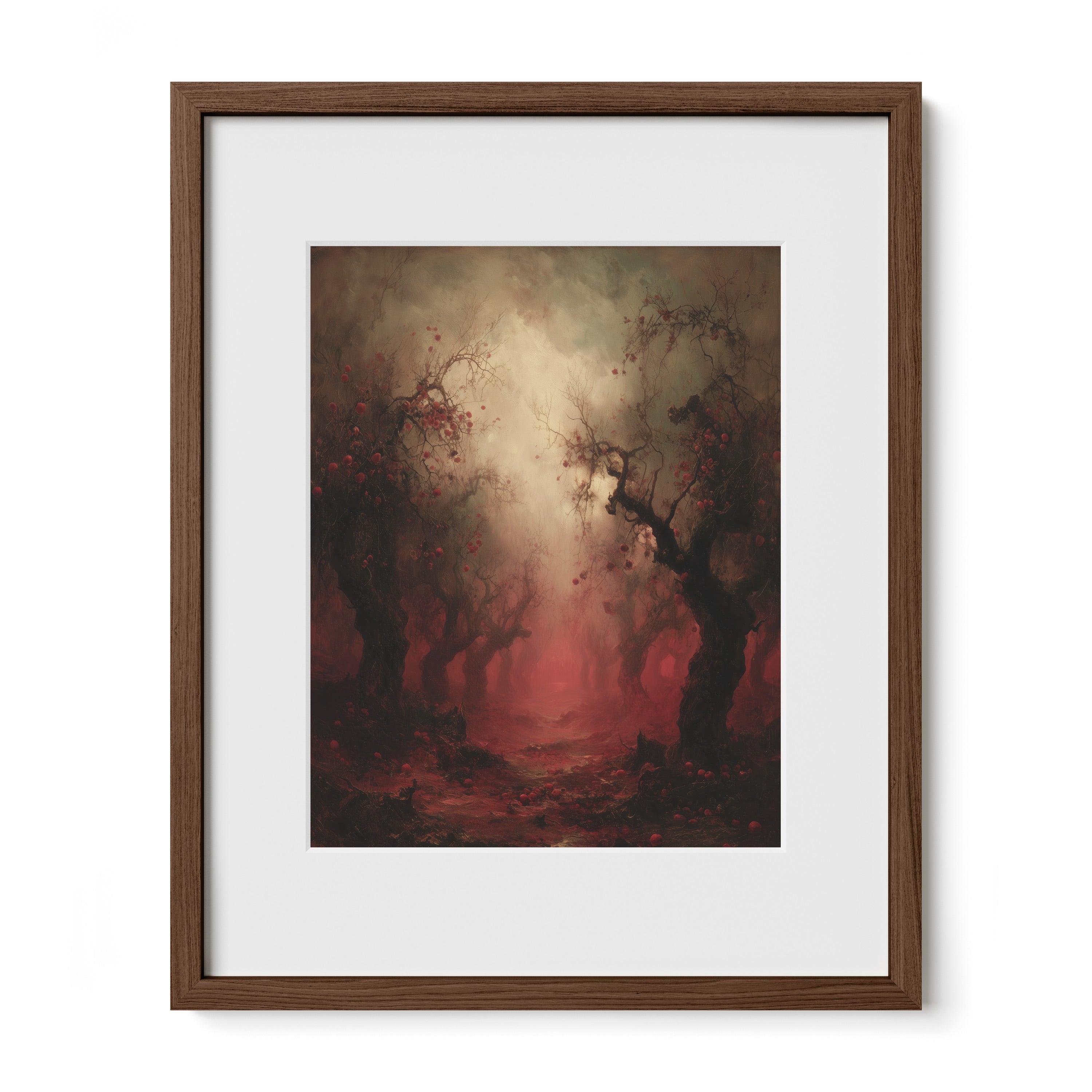 walnut framed dark forest wall art print with mat