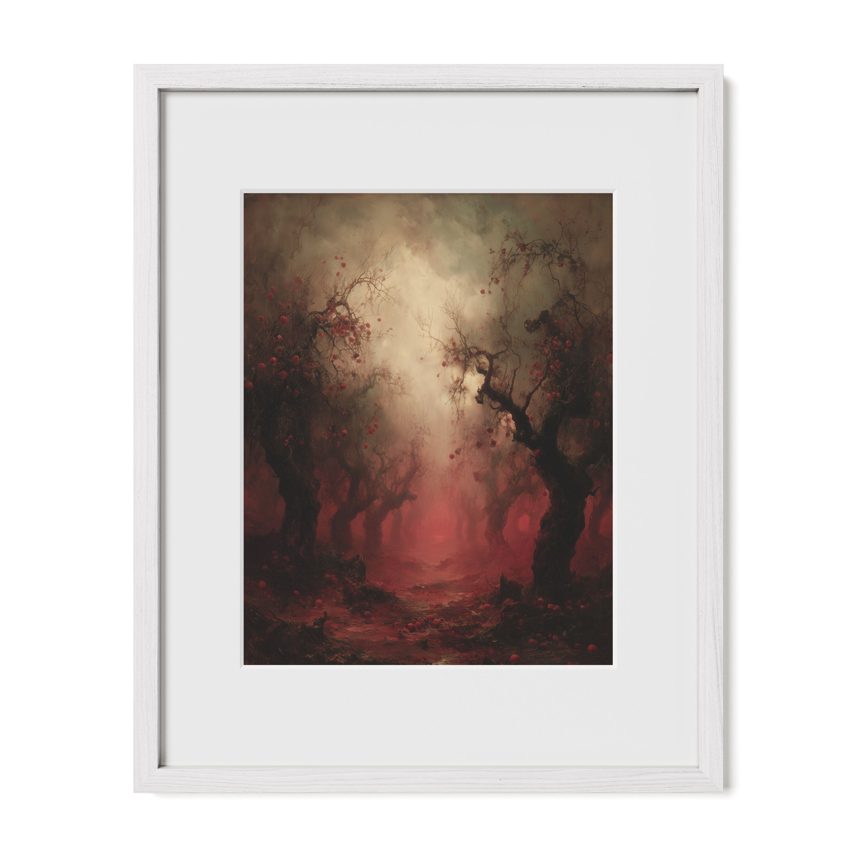 white framed haunted forest wall art print with mat