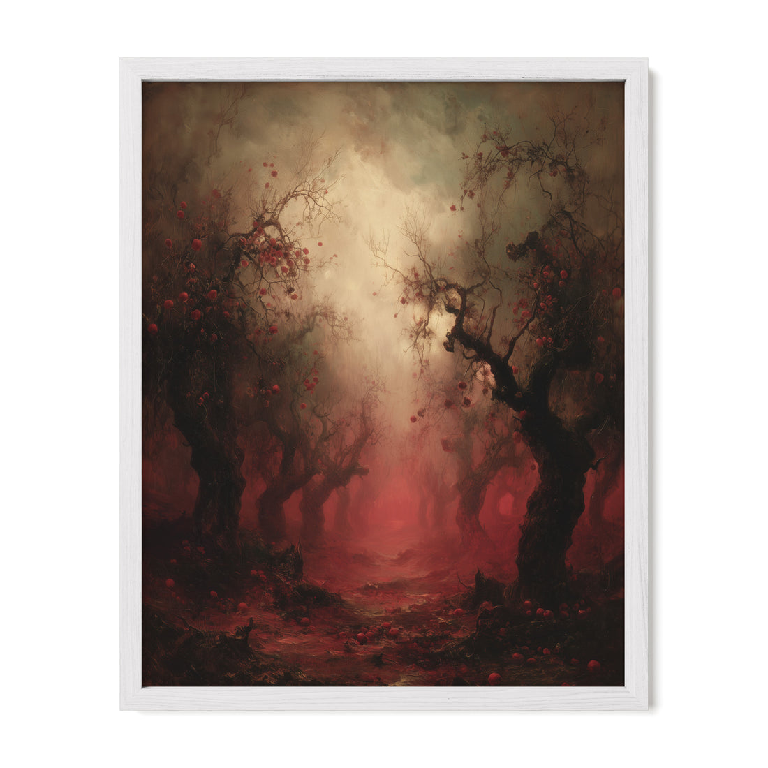 white framed gothic red woodland wall art print