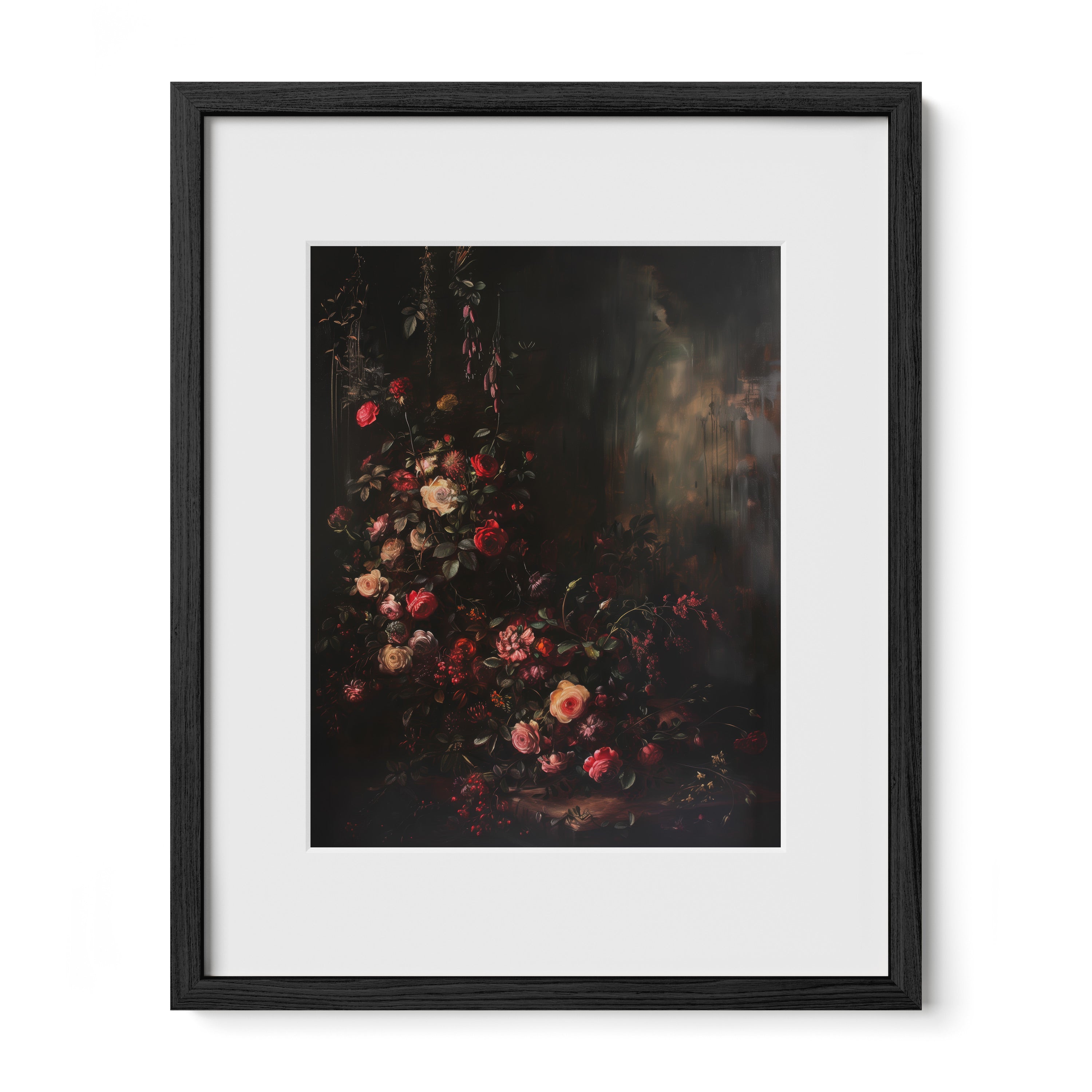 black framed dark floral wall art print with mat