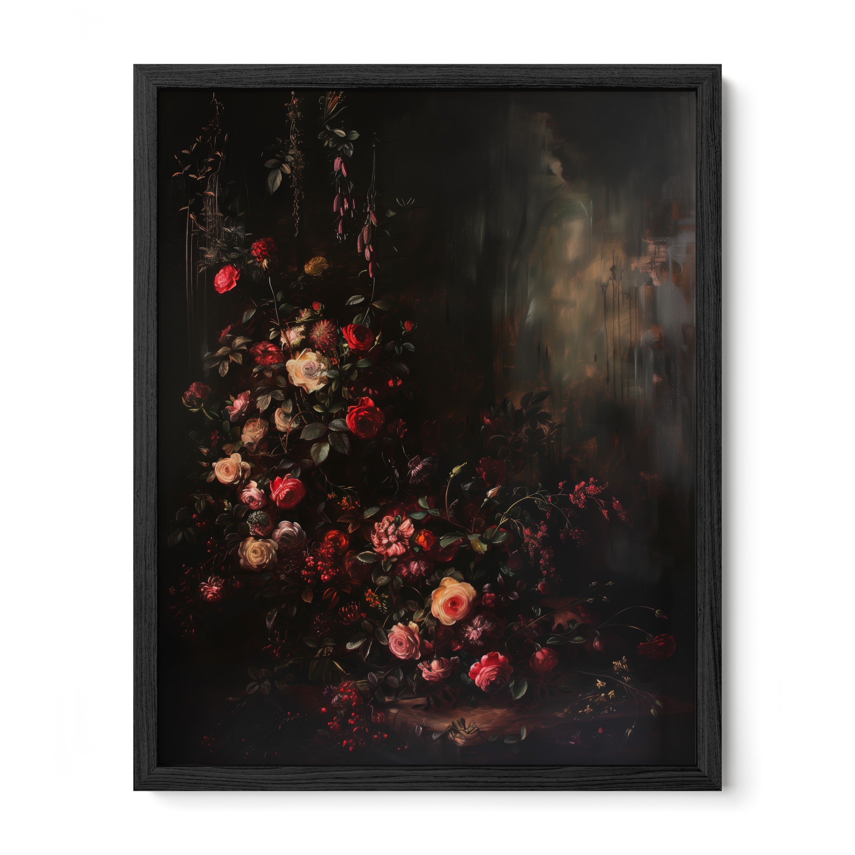 black framed gothic floral still life wall art print