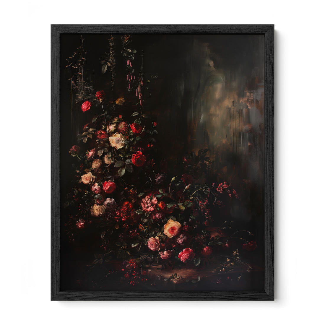 black framed gothic floral still life wall art print