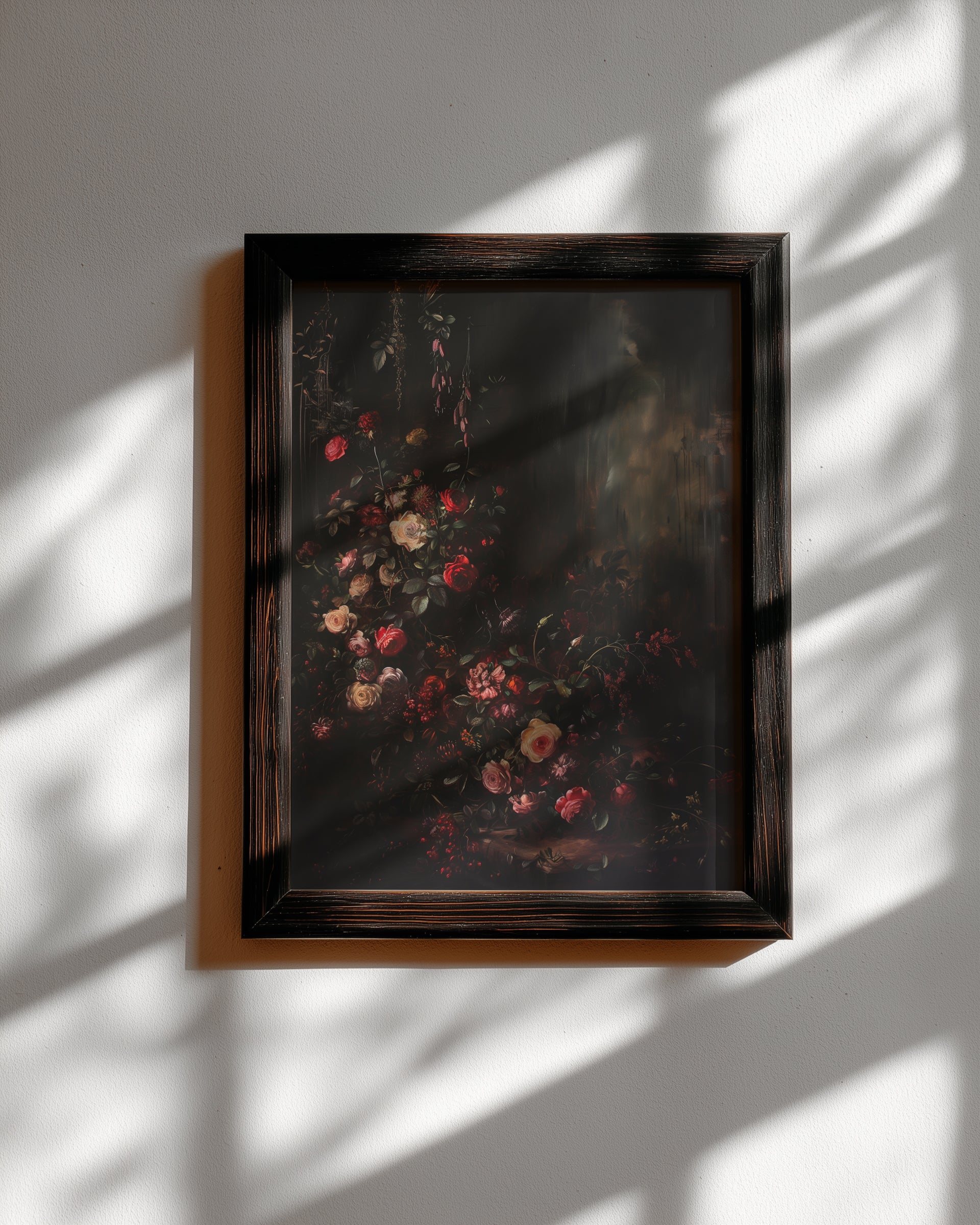 vintage brown framed dark floral wall art print