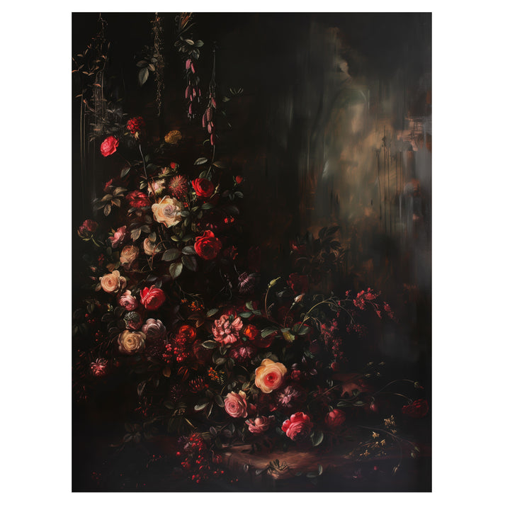 gothic floral wall art print with roses and wild blooms against dark moody background