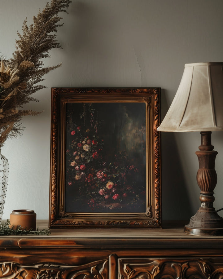 brown vintage framed gothic floral still life wall art print