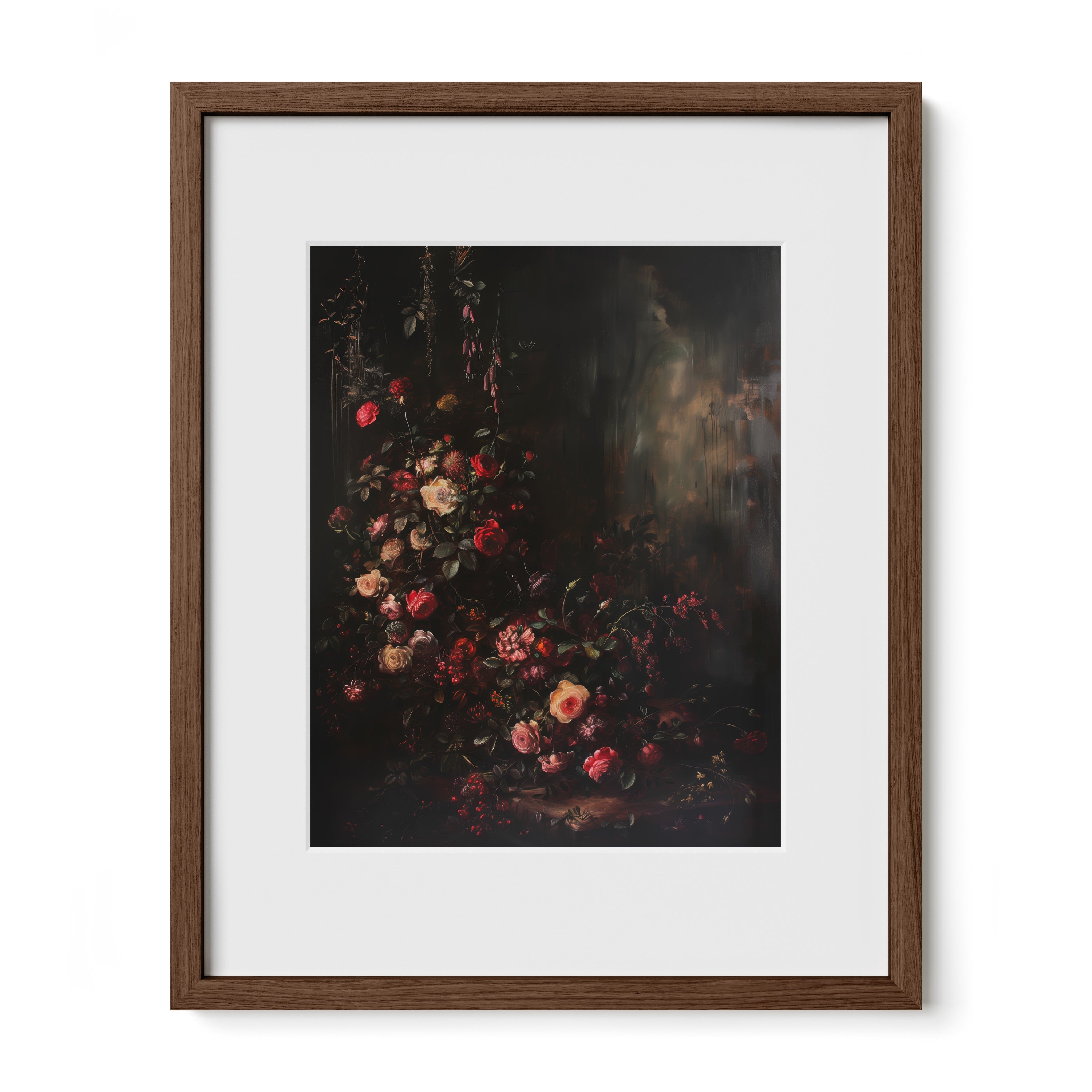 walnut framed moody floral still life wall art print with mat