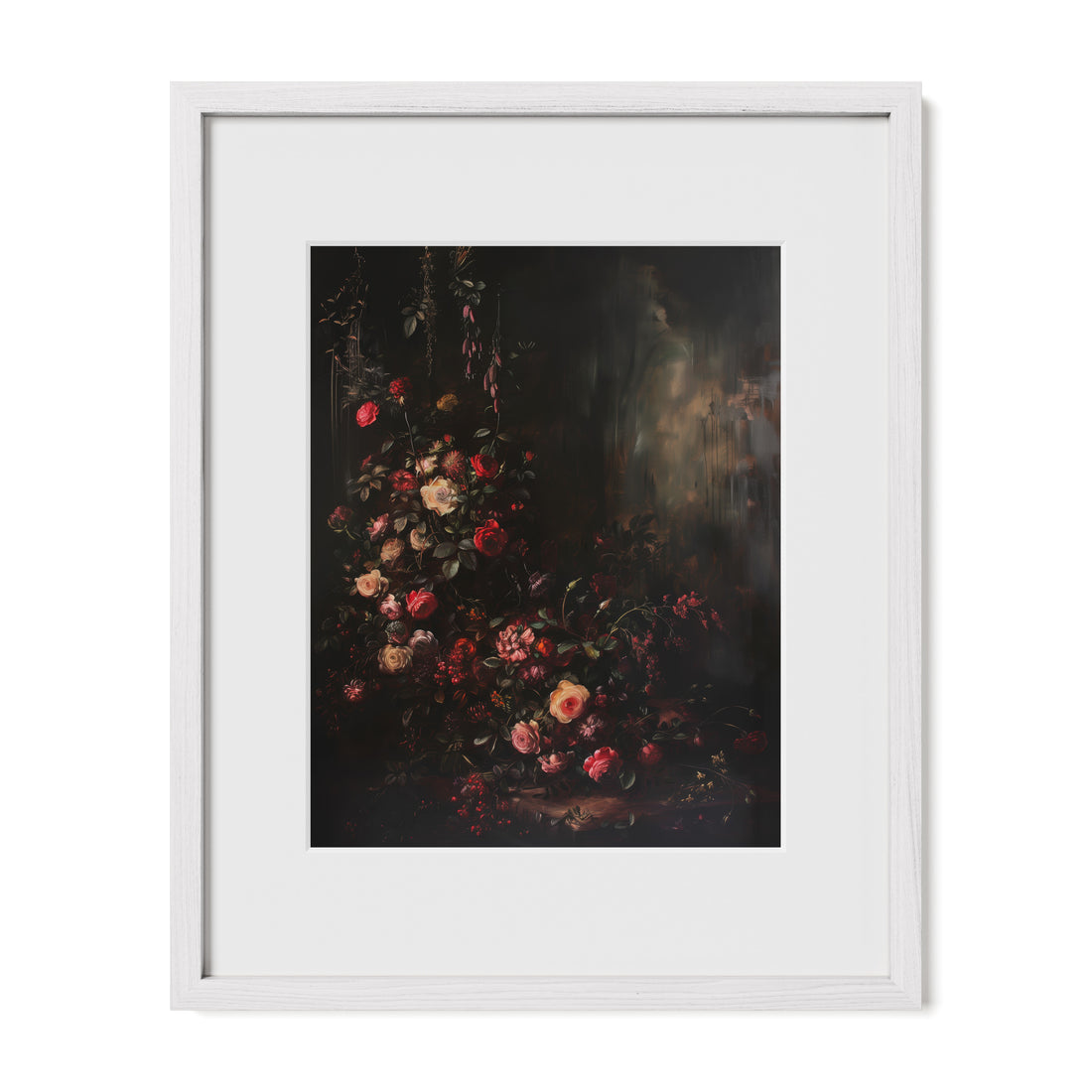white framed romantic floral wall art print with mat