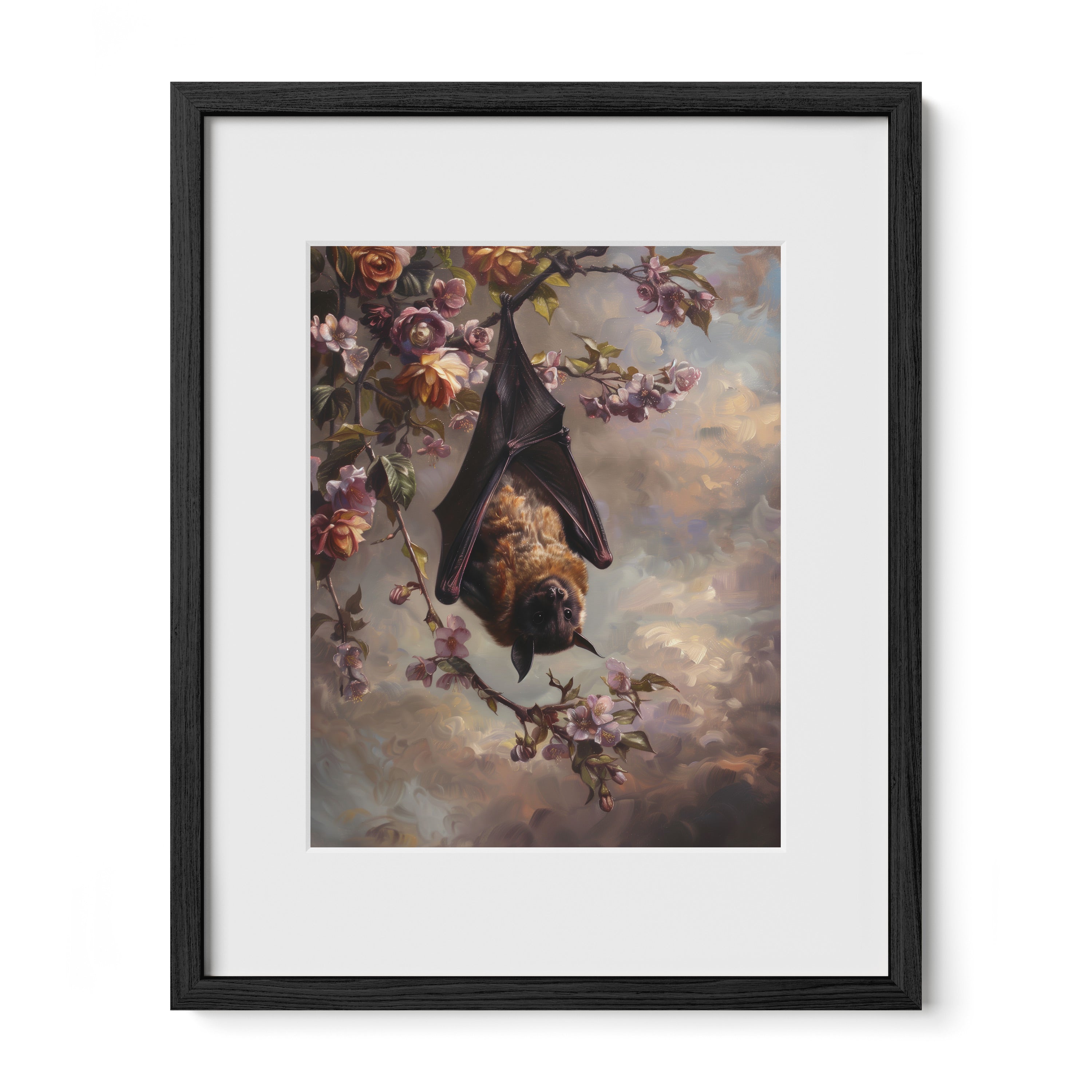 black framed bat floral wall art print with mat