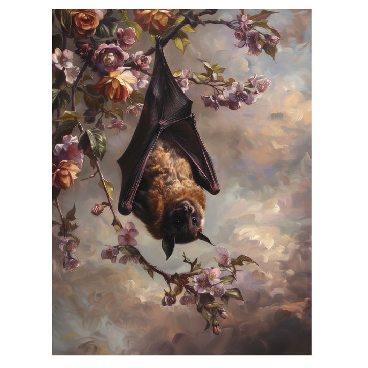 gothic bat botanical wall art print with bat hanging among blossoming branches