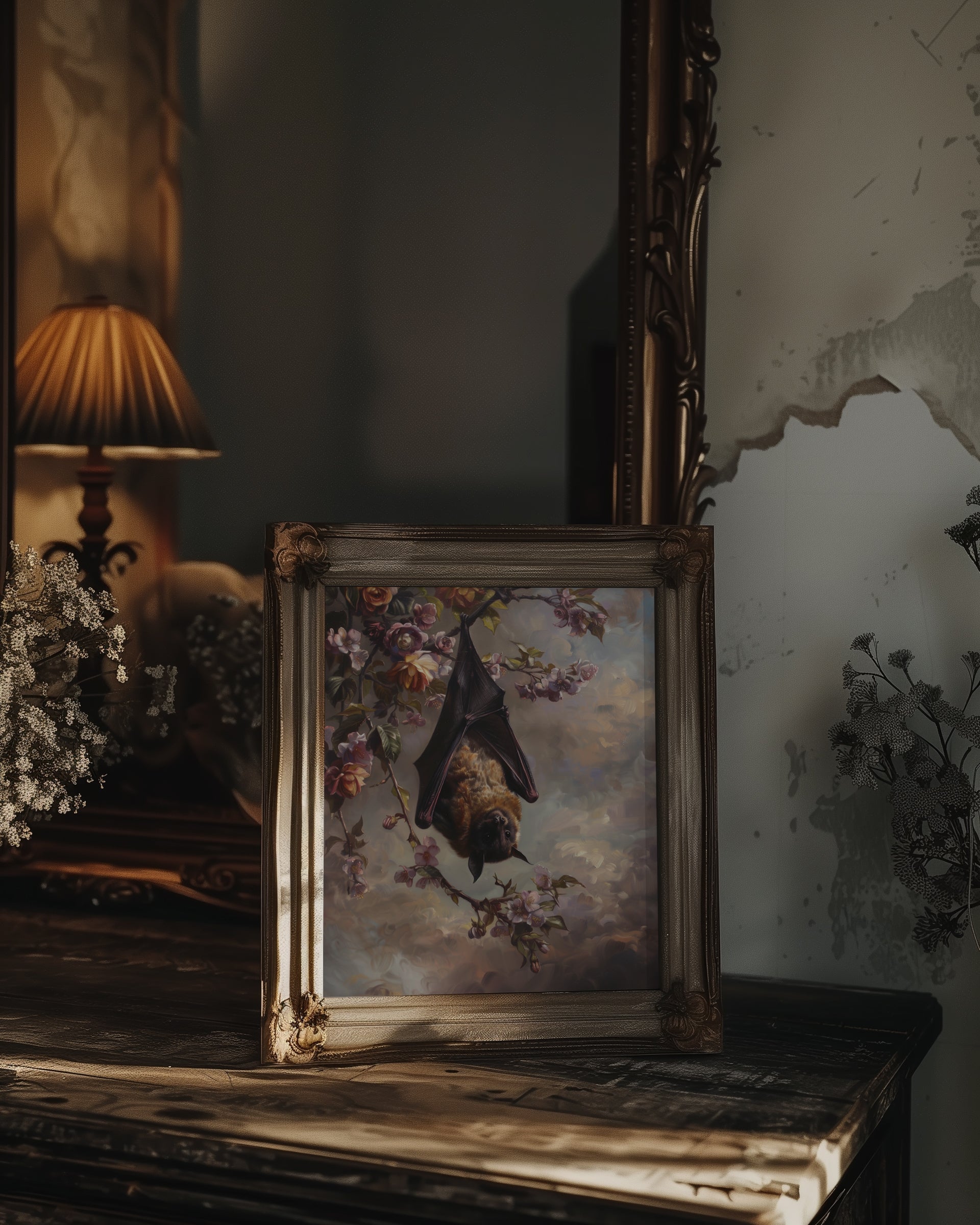 victorian setting of a framed gothic bat botanical fine art print