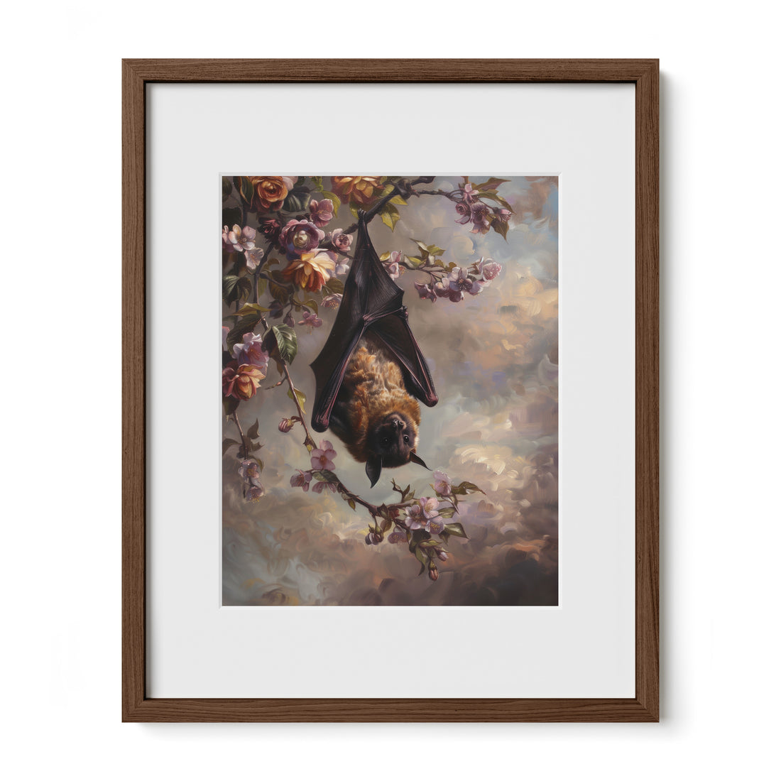 walnut framed dark floral bat wall art print with mat