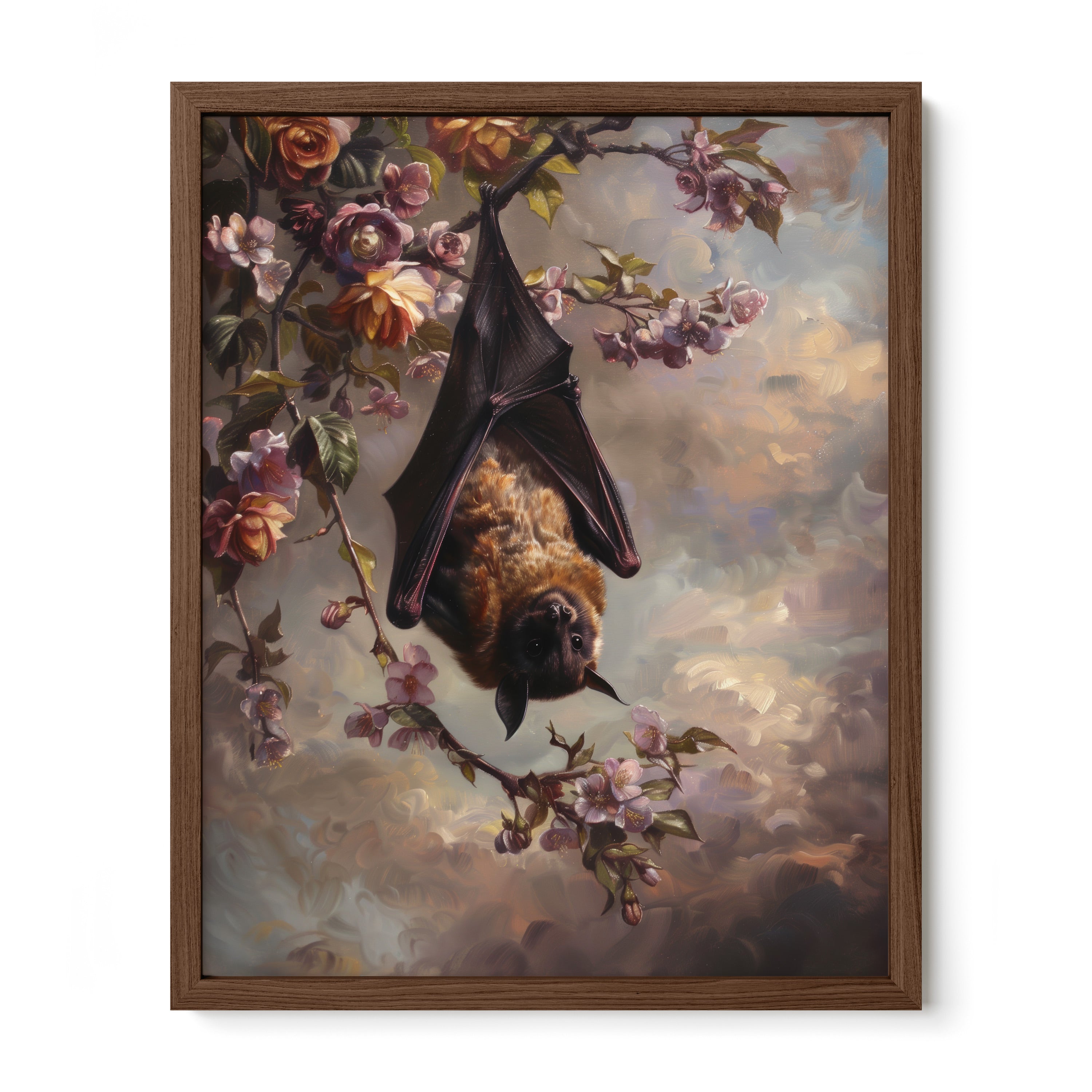 walnut framed gothic botanical bat wall art print
