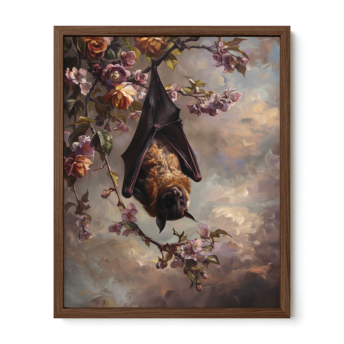 walnut framed gothic botanical bat wall art print