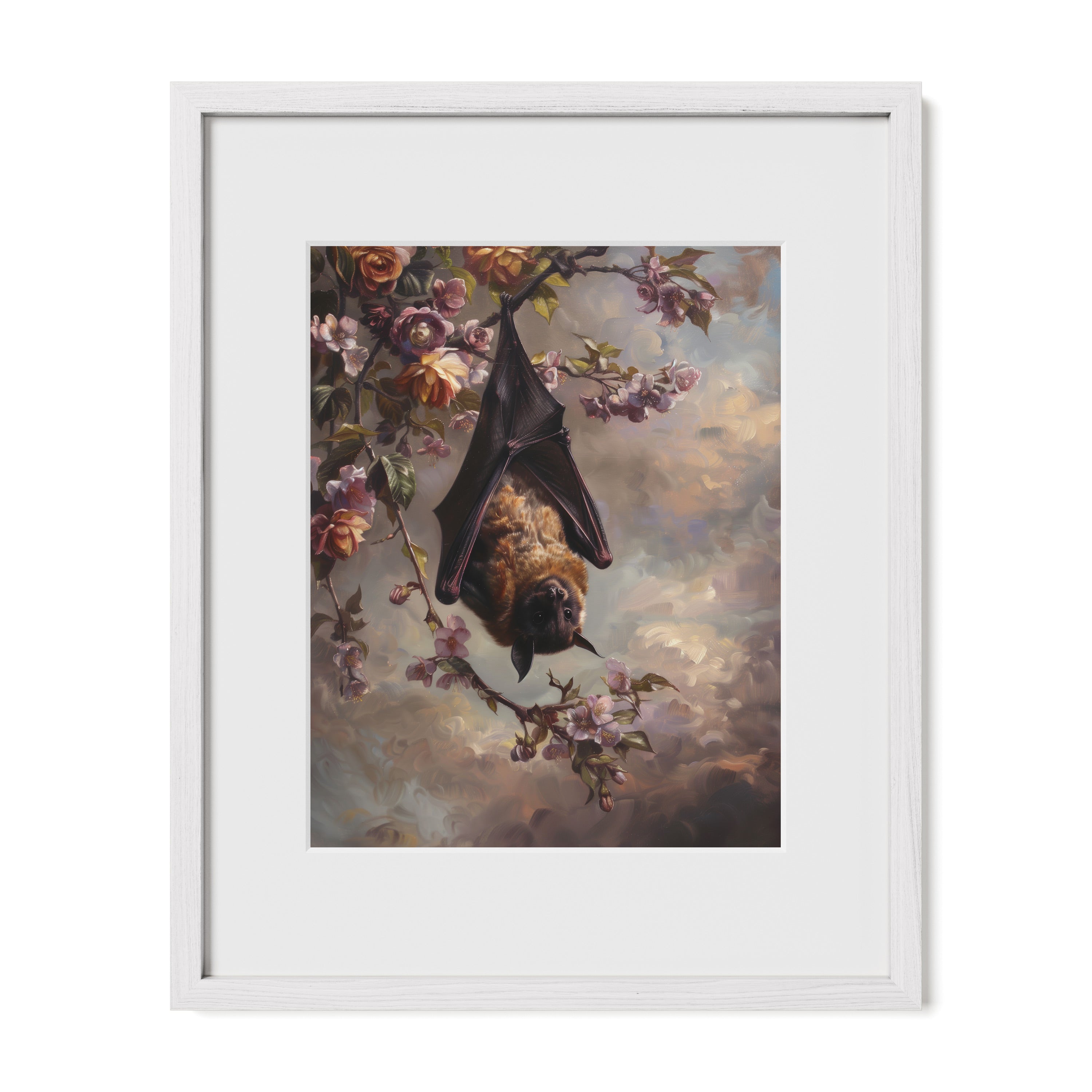 white framed floral bat wall art print with mat