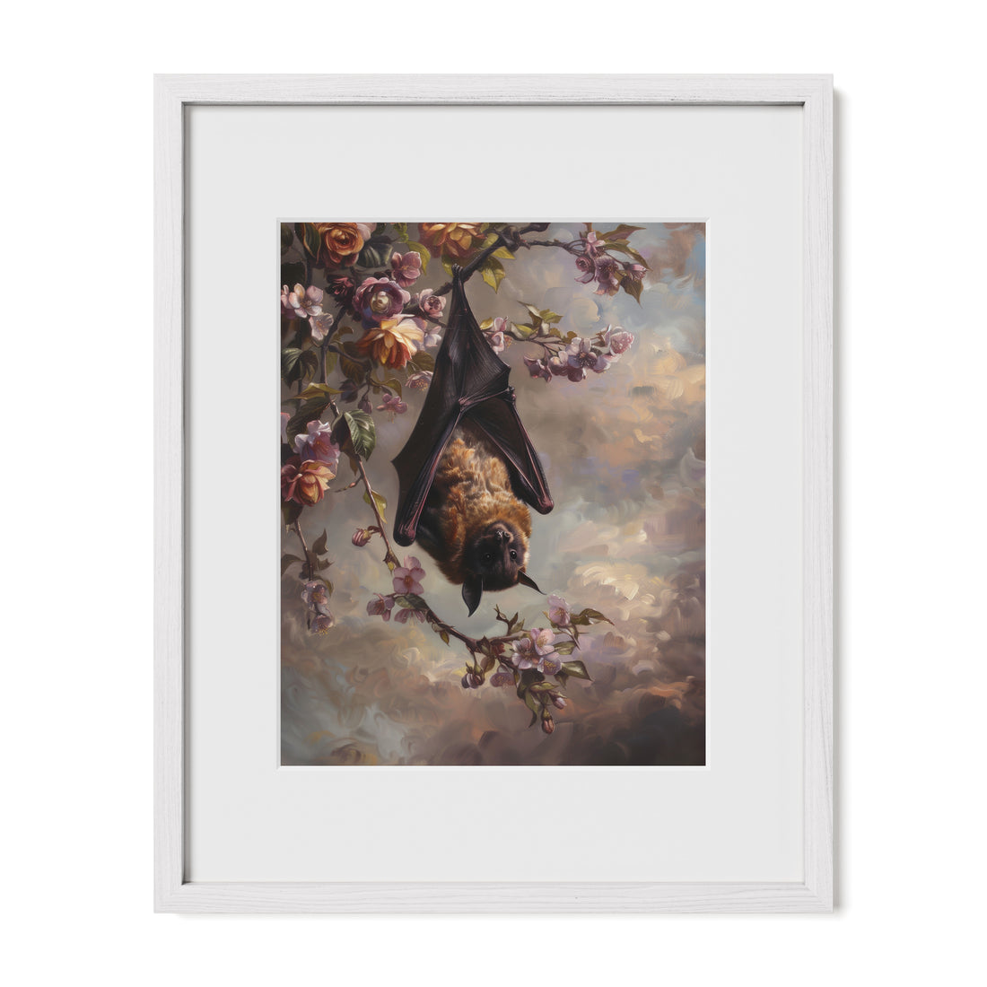 white framed floral bat wall art print with mat
