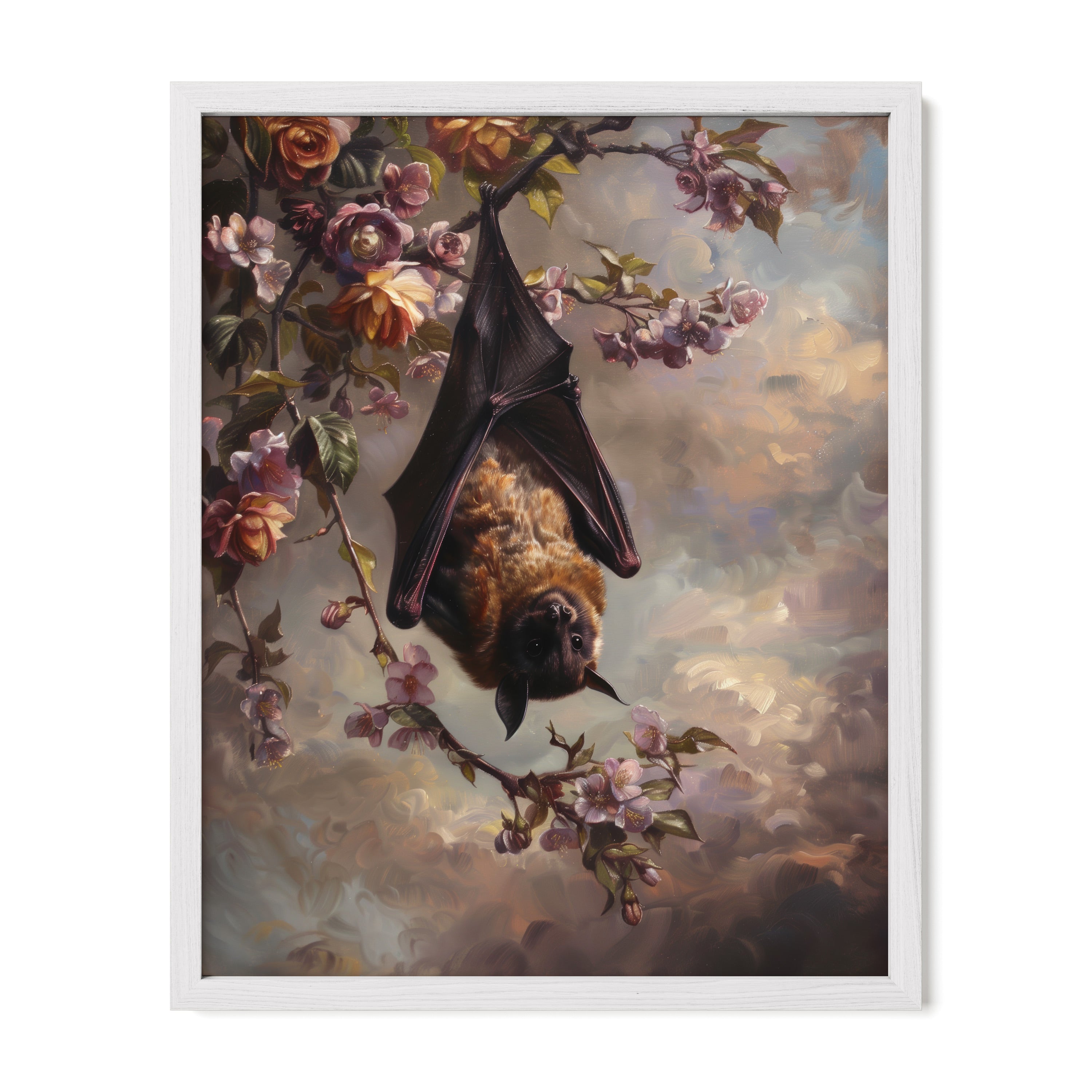 white framed gothic bat botanical wall art print