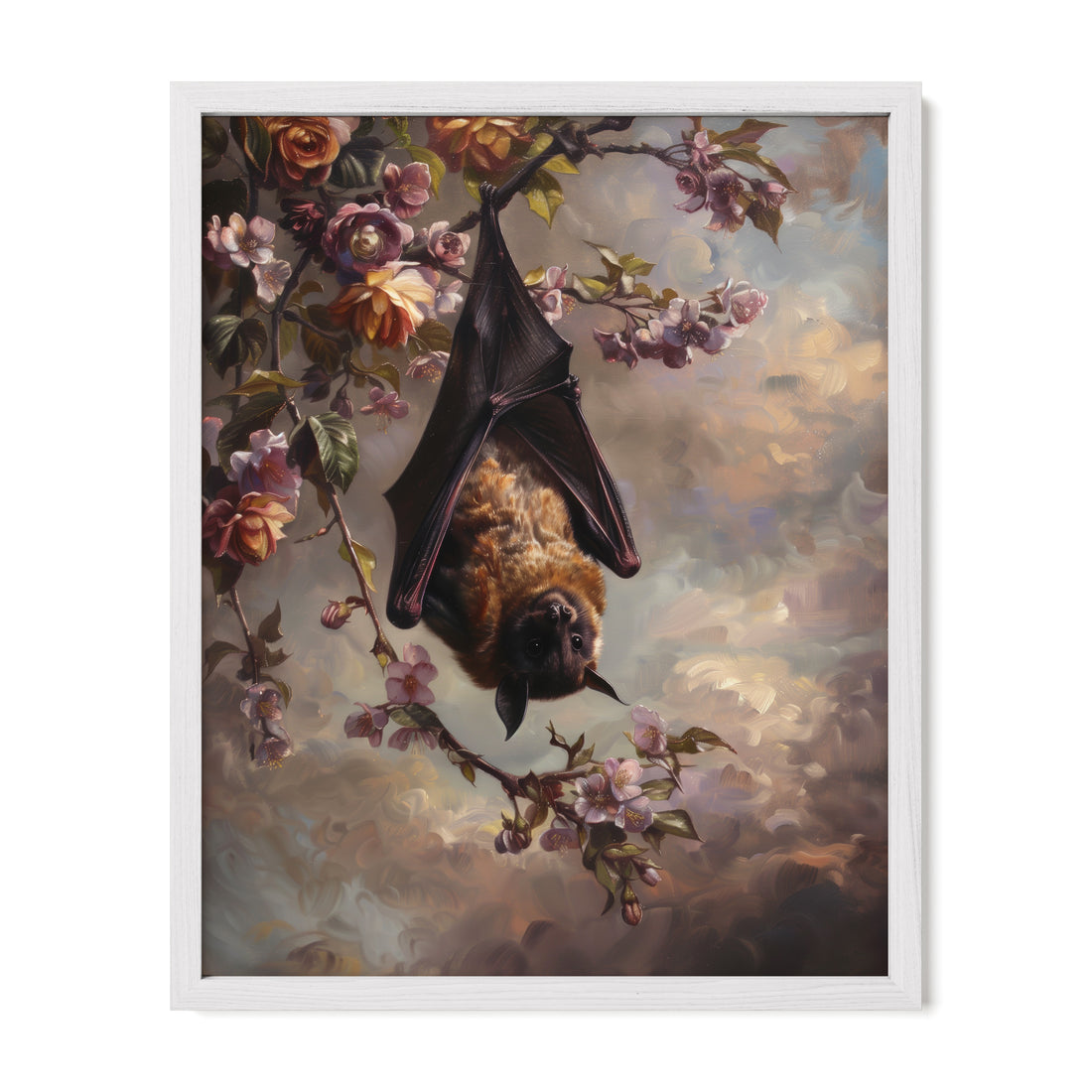 white framed gothic bat botanical wall art print