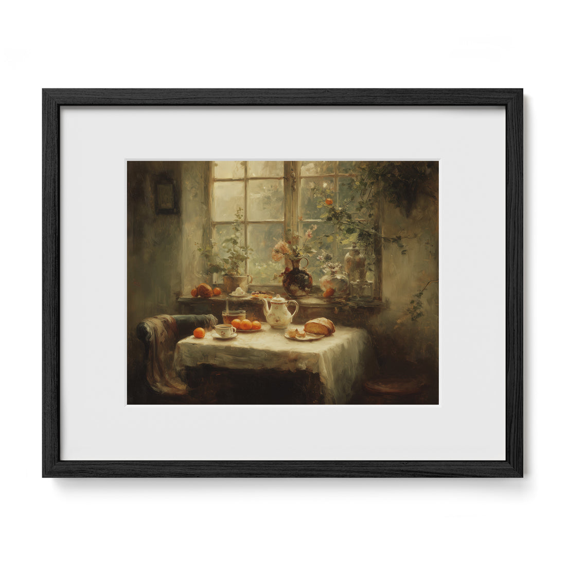 black framed breakfast table wall art print with mat