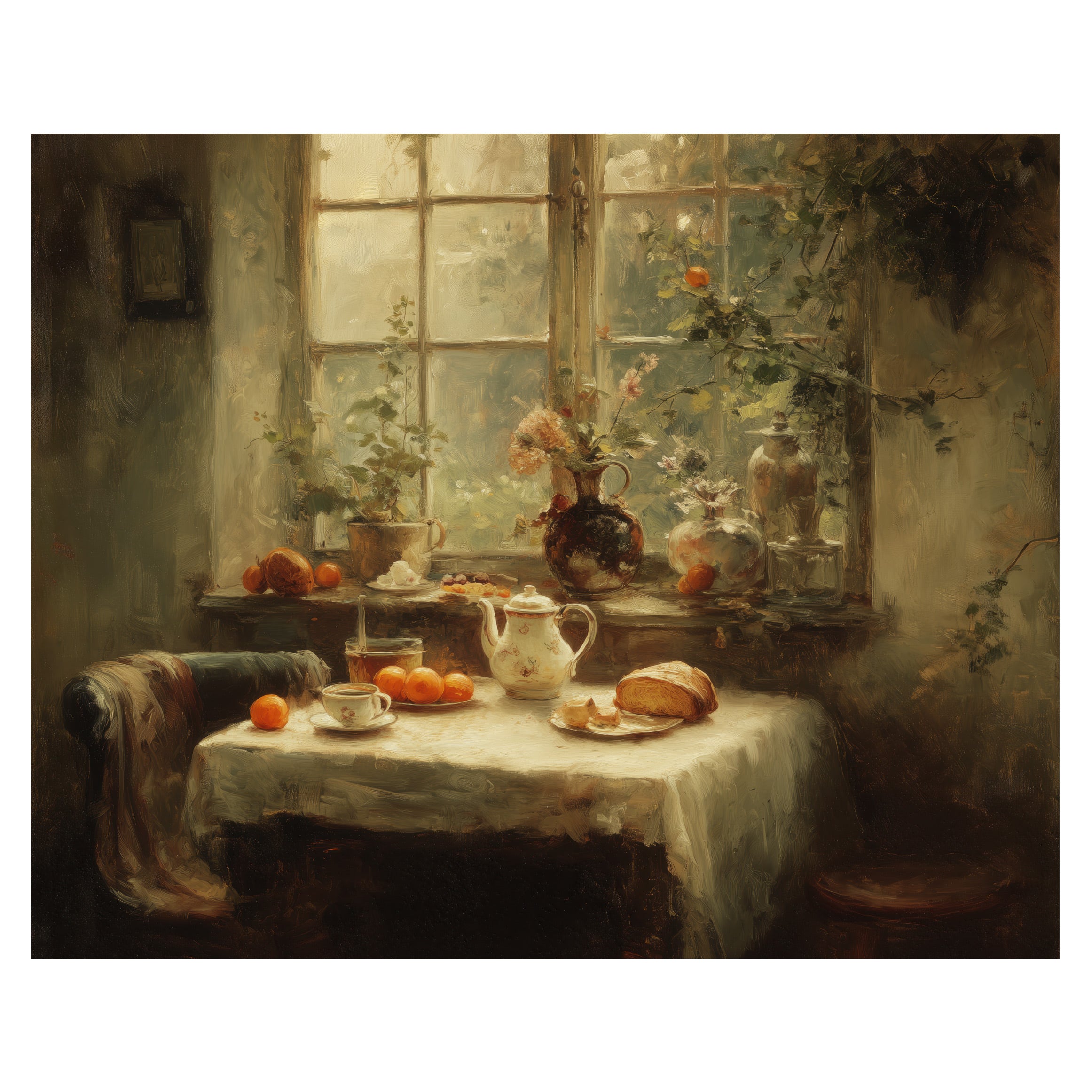 cottagecore kitchen wall art print with breakfast table fruit teaware and soft window light