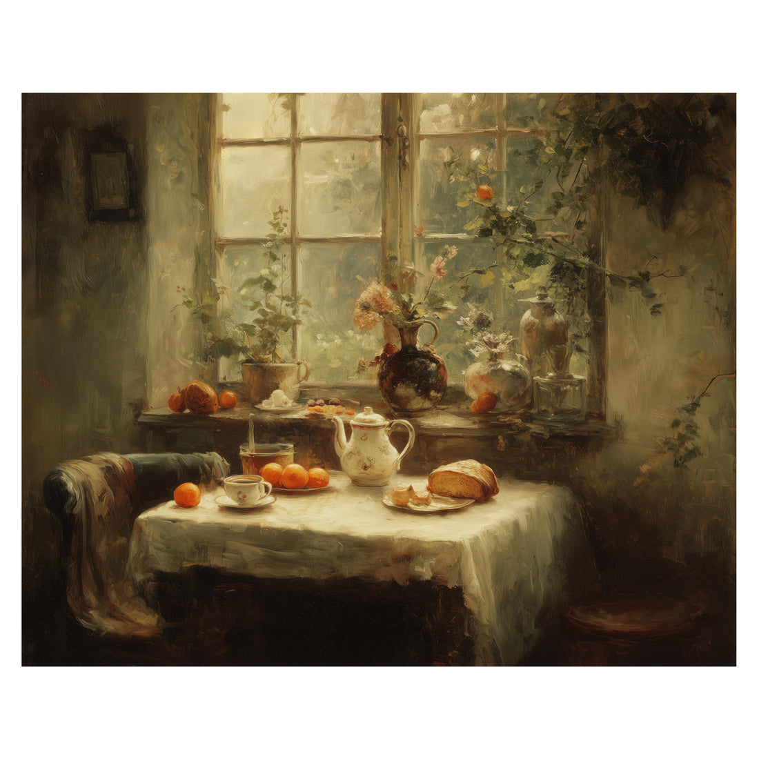 cottagecore kitchen wall art print with breakfast table fruit teaware and soft window light
