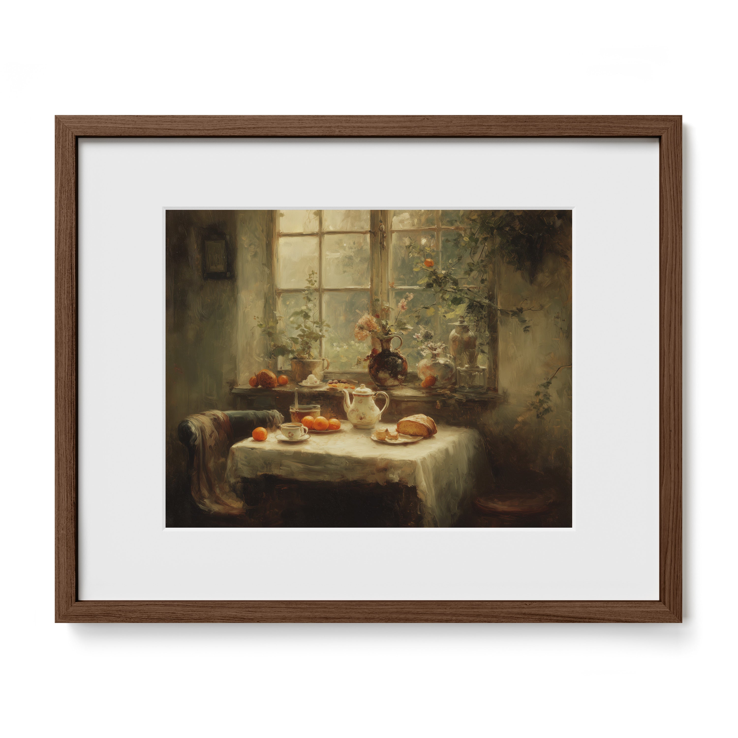 walnut framed breakfast table still life wall art print with mat