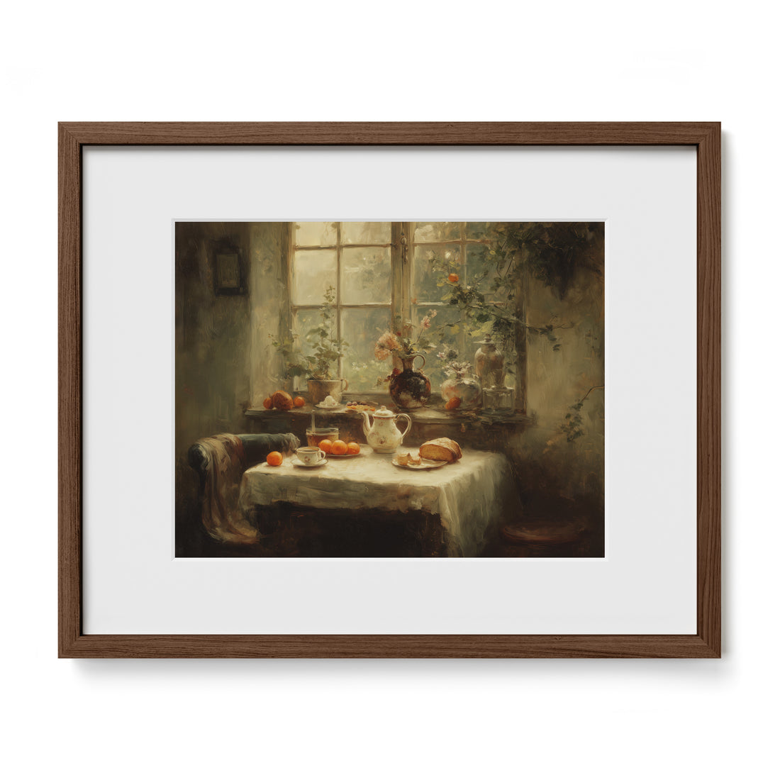 walnut framed breakfast table still life wall art print with mat