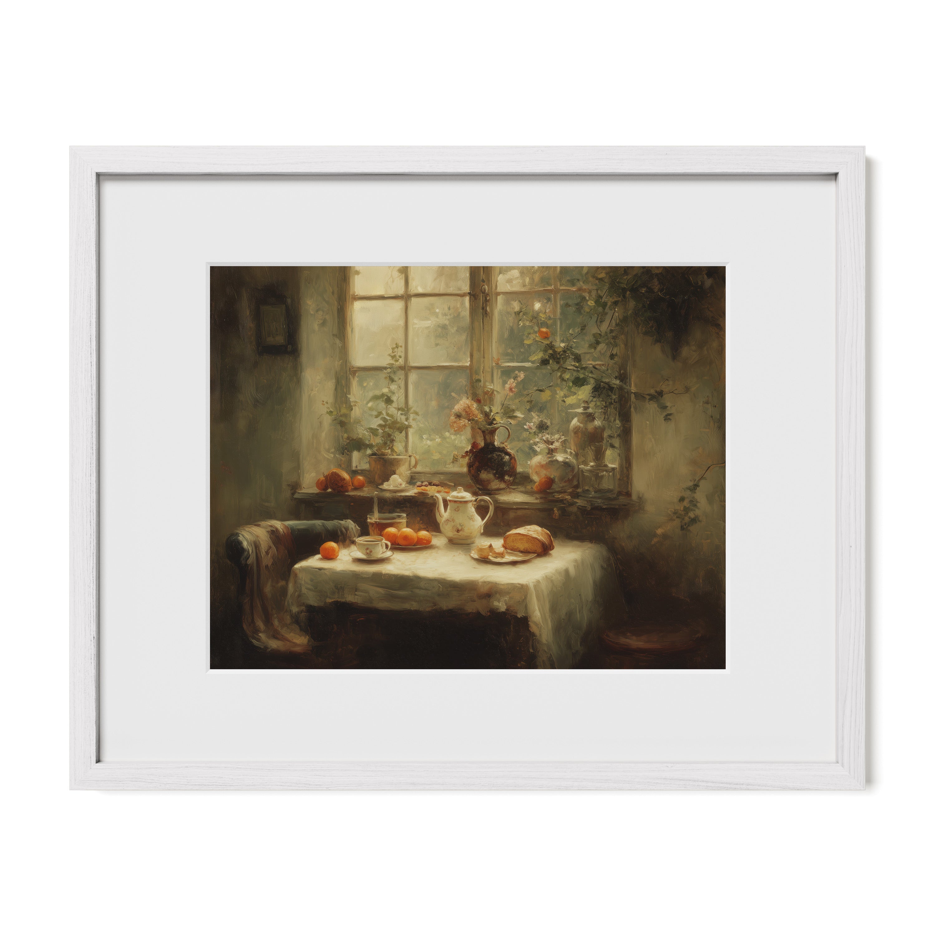 white framed kitchen still life wall art print with mat