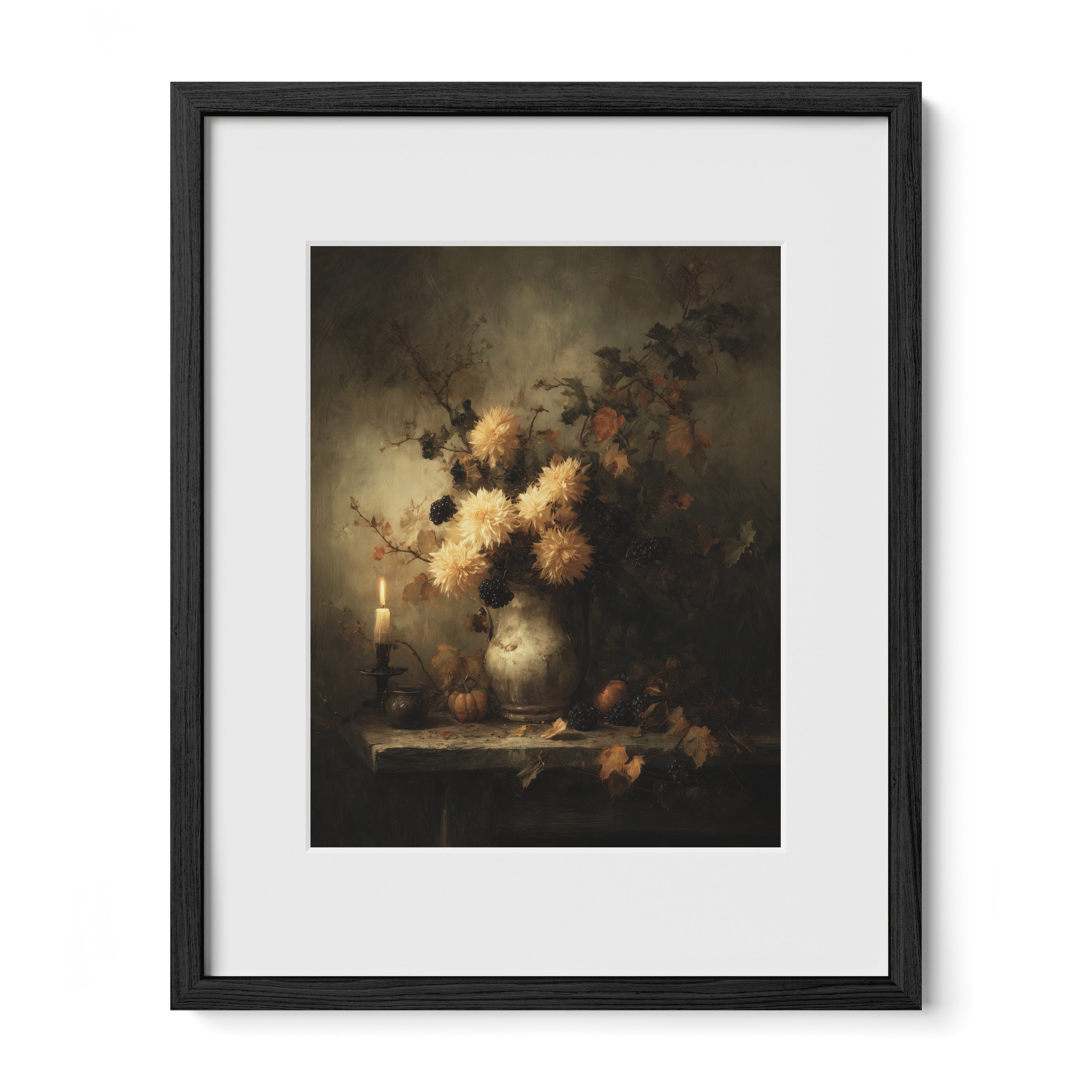 black framed floral candle wall art print with mat