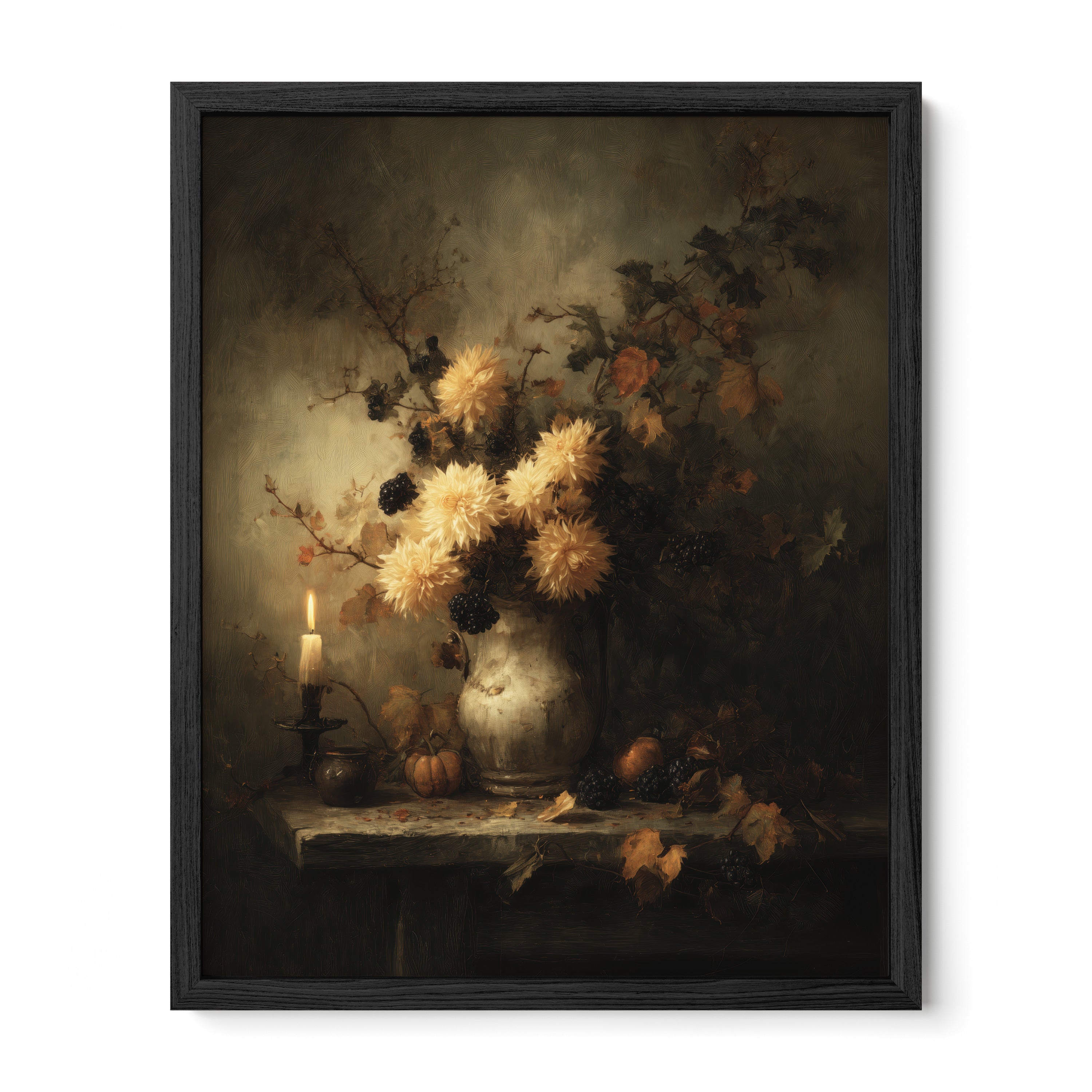 black framed moody floral candlelight wall art print