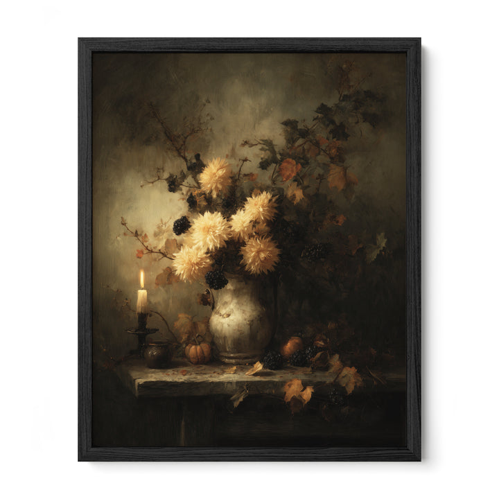 black framed moody floral candlelight wall art print