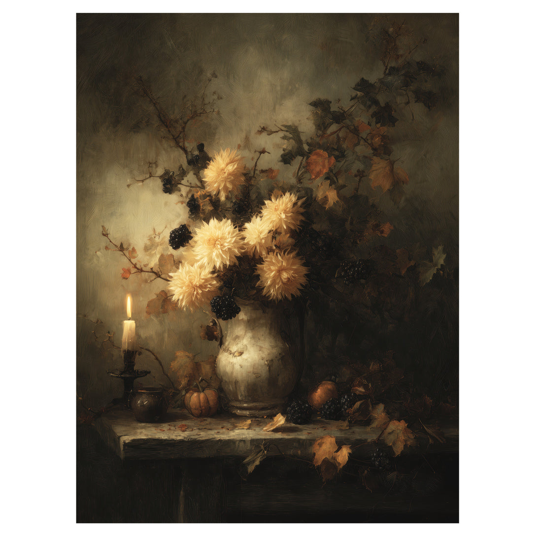 moody floral candlelight wall art print with chrysanthemums beside glowing candle