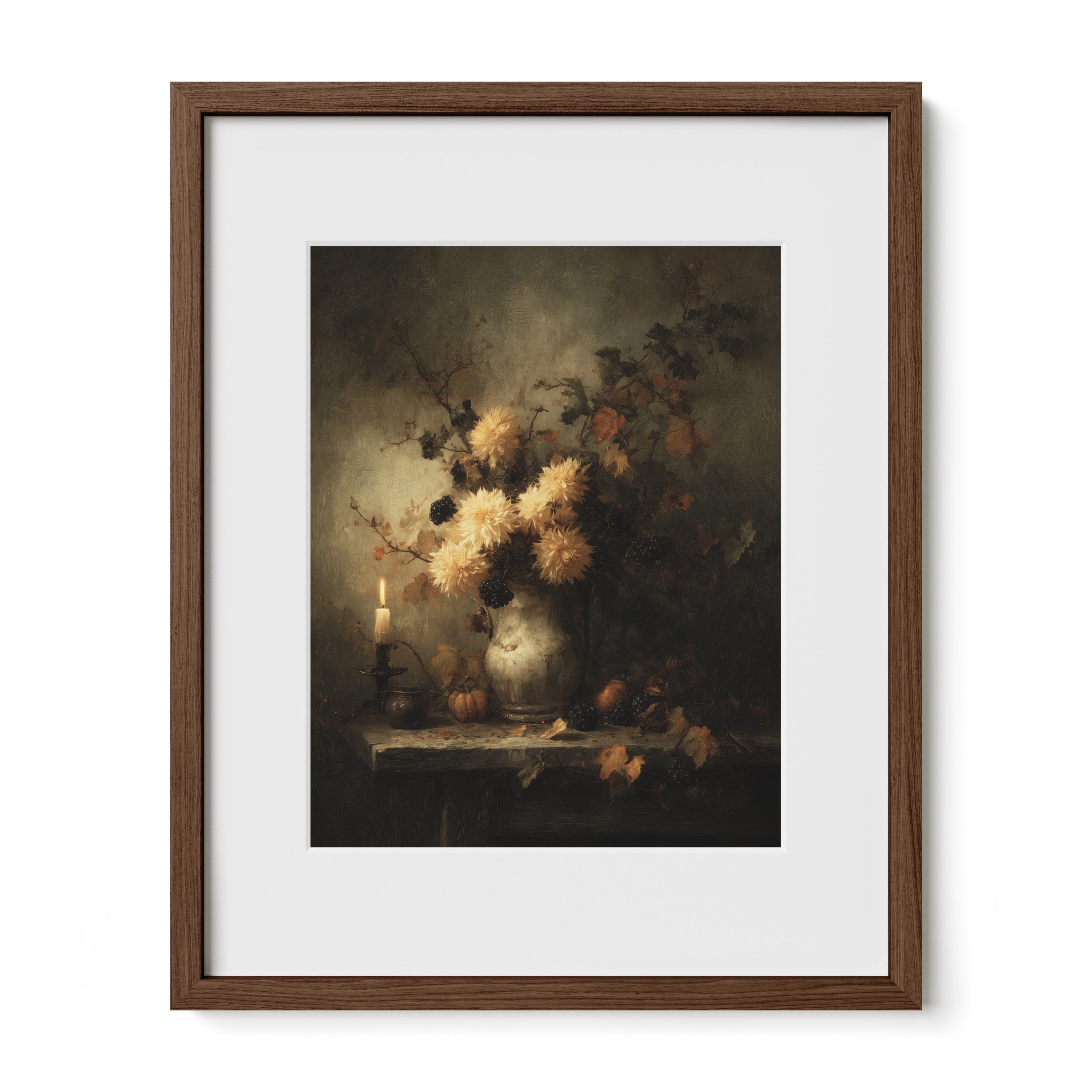 walnut framed dark floral candlelight wall art print with mat