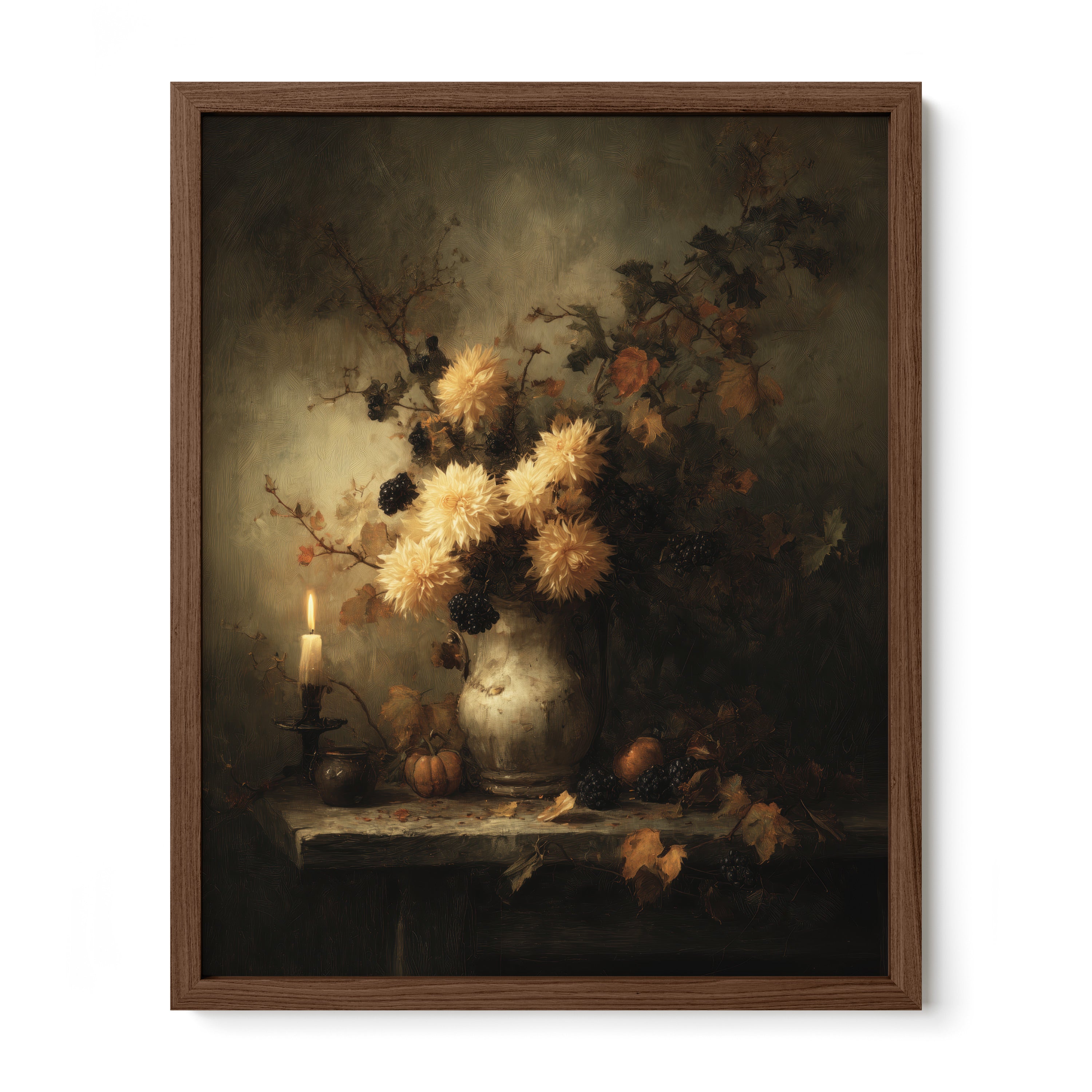 walnut framed moody botanical candlelight wall art print