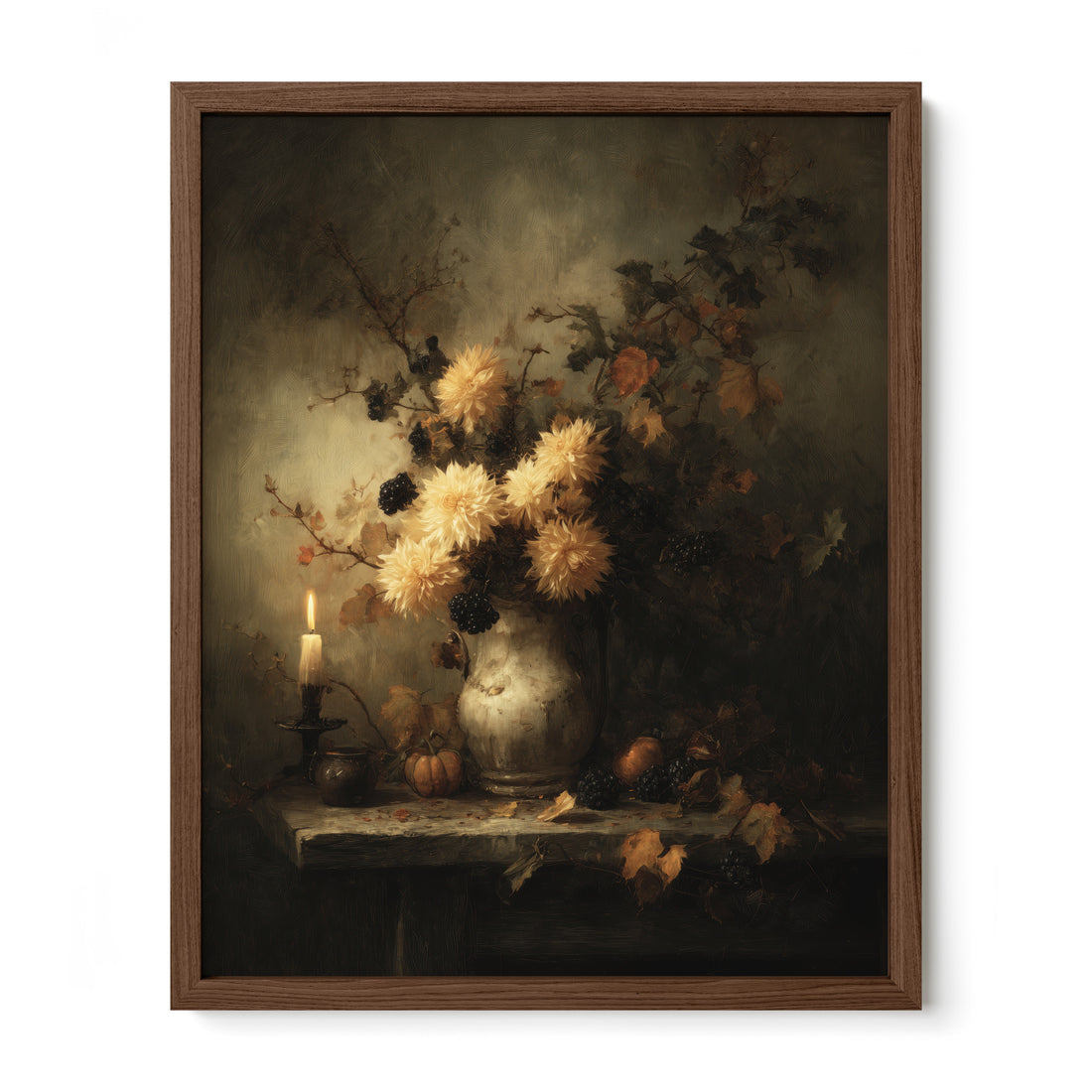 walnut framed moody botanical candlelight wall art print