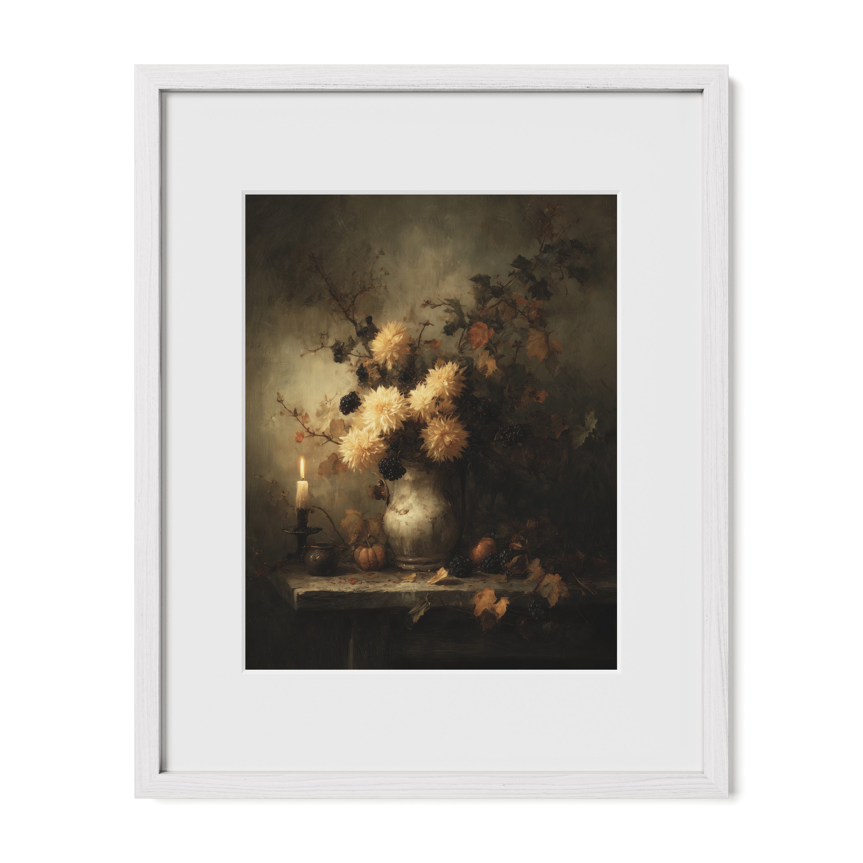 white framed botanical candlelight wall art print with mat