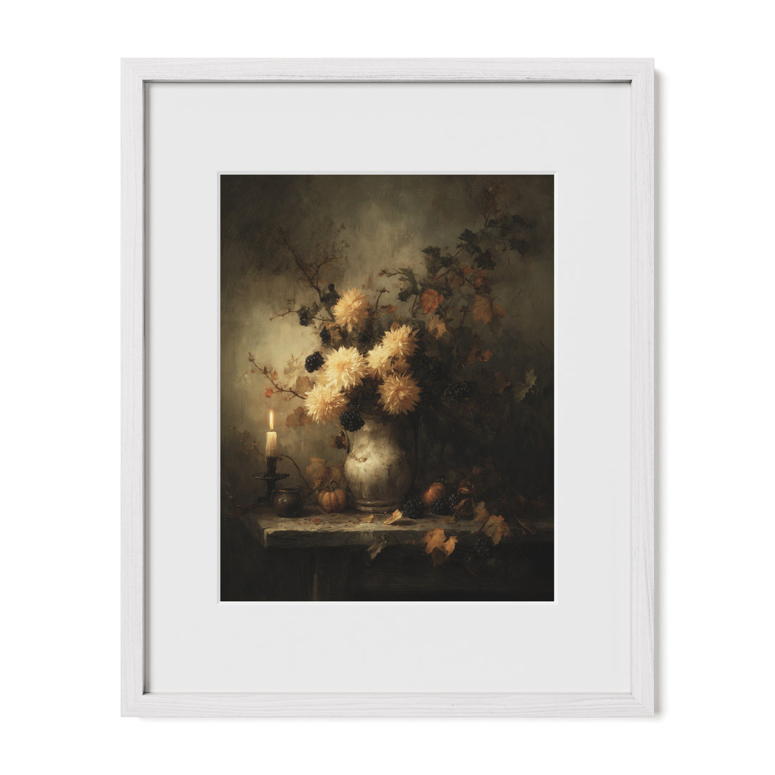 white framed botanical candlelight wall art print with mat