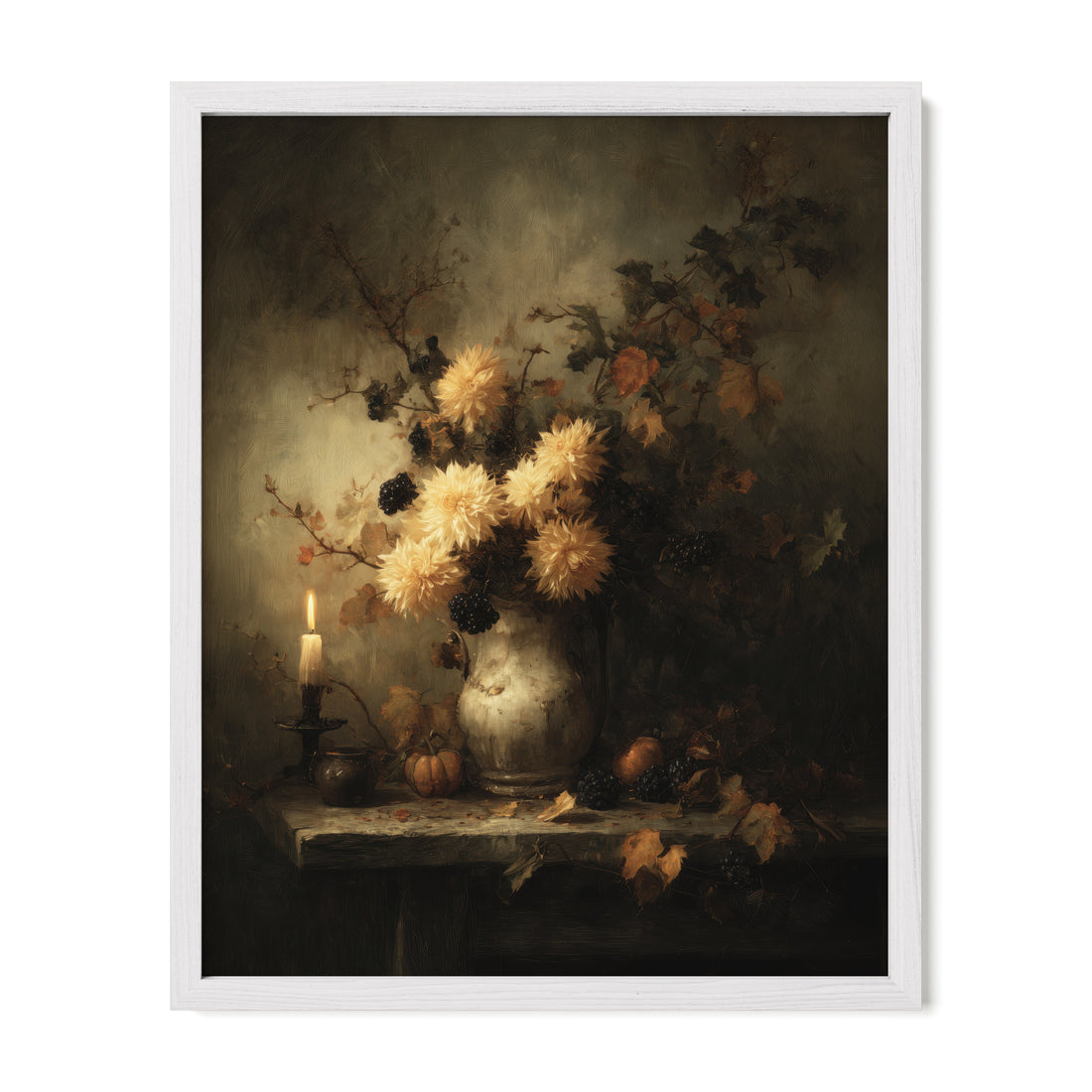 white framed moody floral candle wall art print
