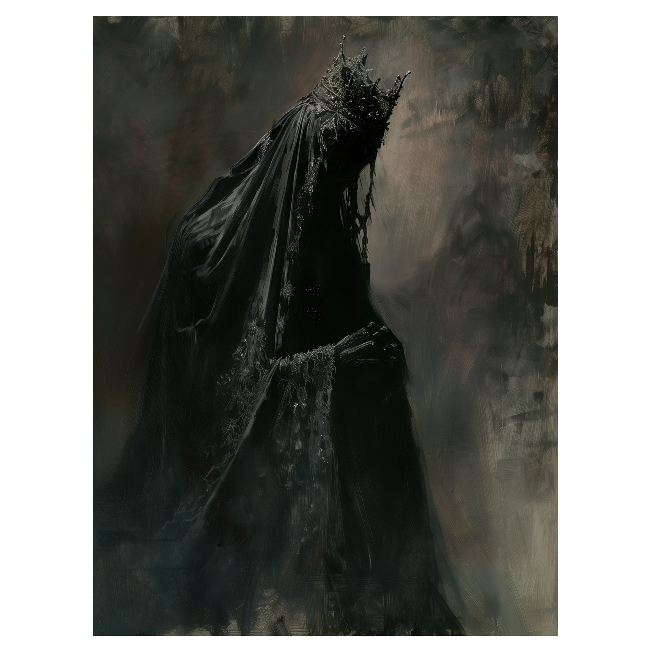 gothic monarch wall art print with veiled royal figure cloaked in shadow