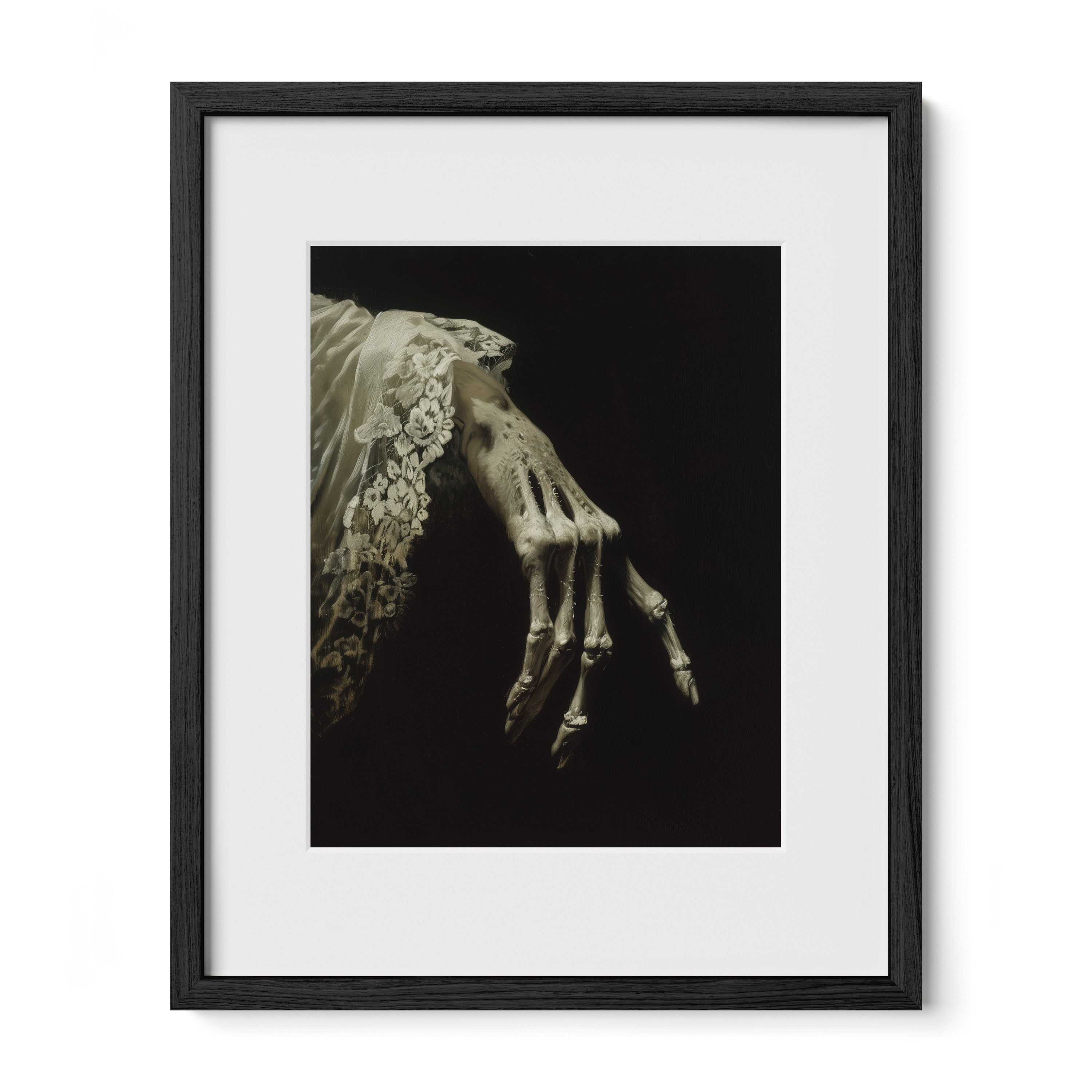 black framed skeletal hand wall art print with mat