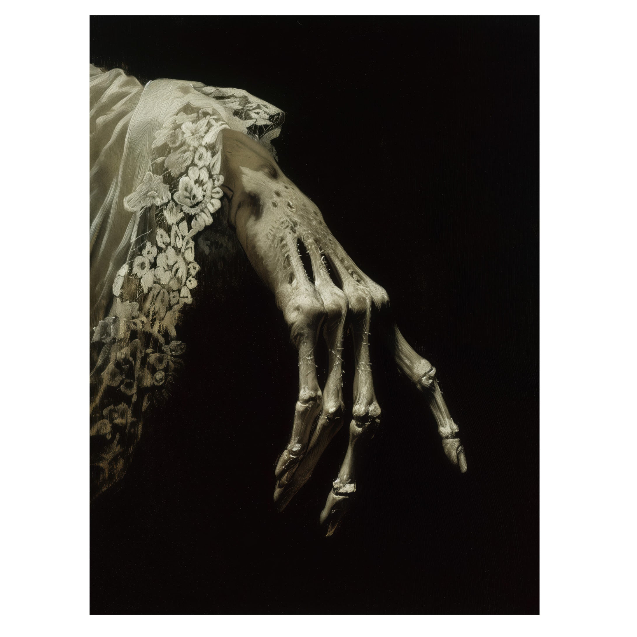 gothic memento mori wall art print with skeletal hand draped in delicate lace