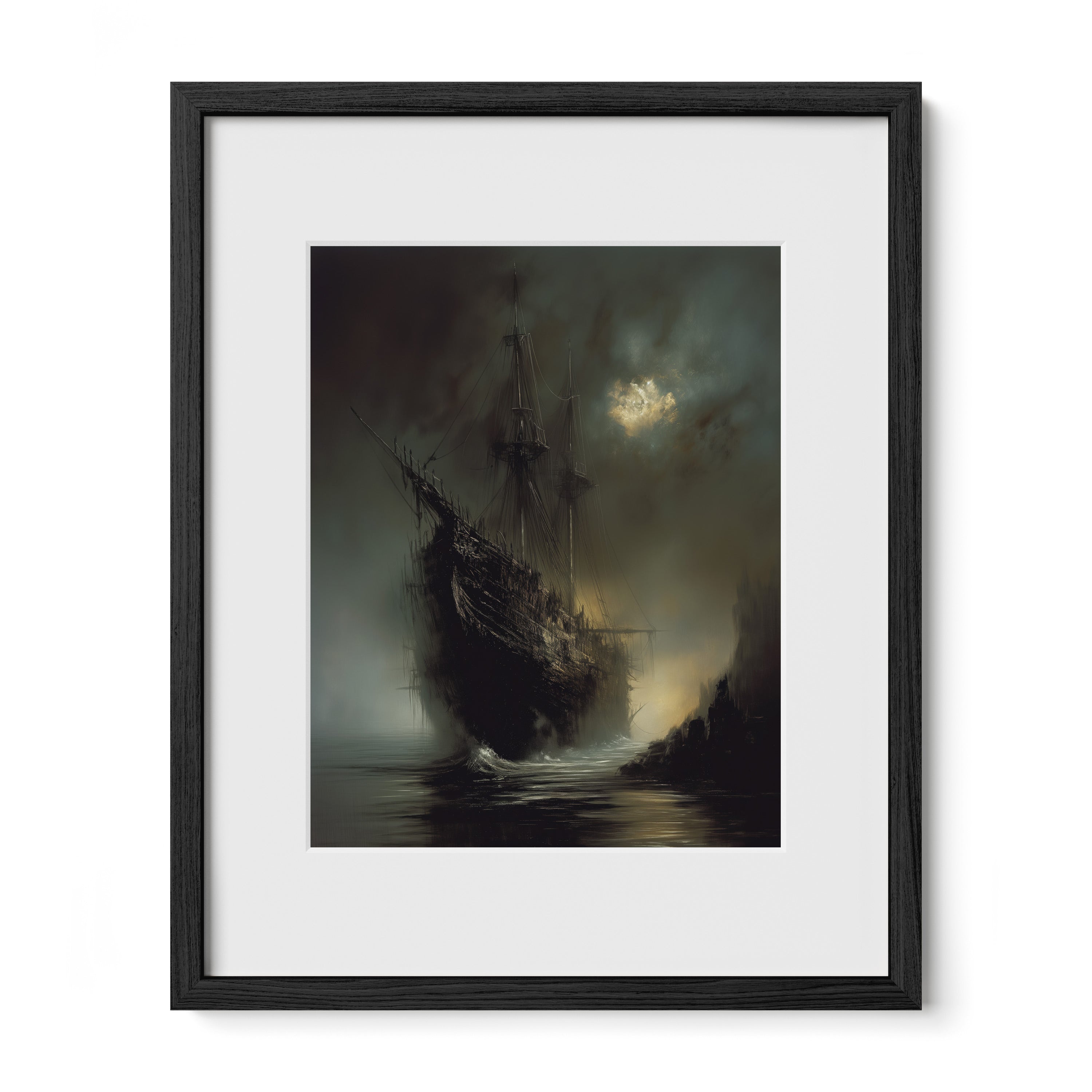 black framed haunted ship wall art print with mat