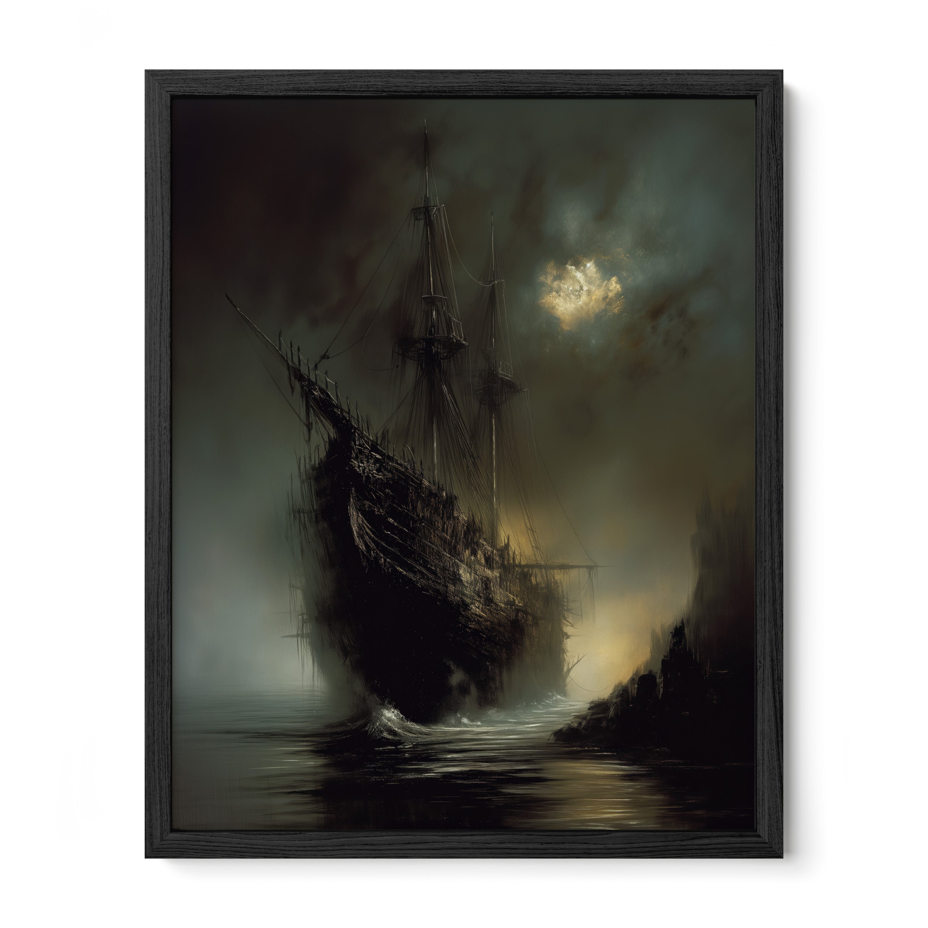 black framed gothic ghost ship wall art print
