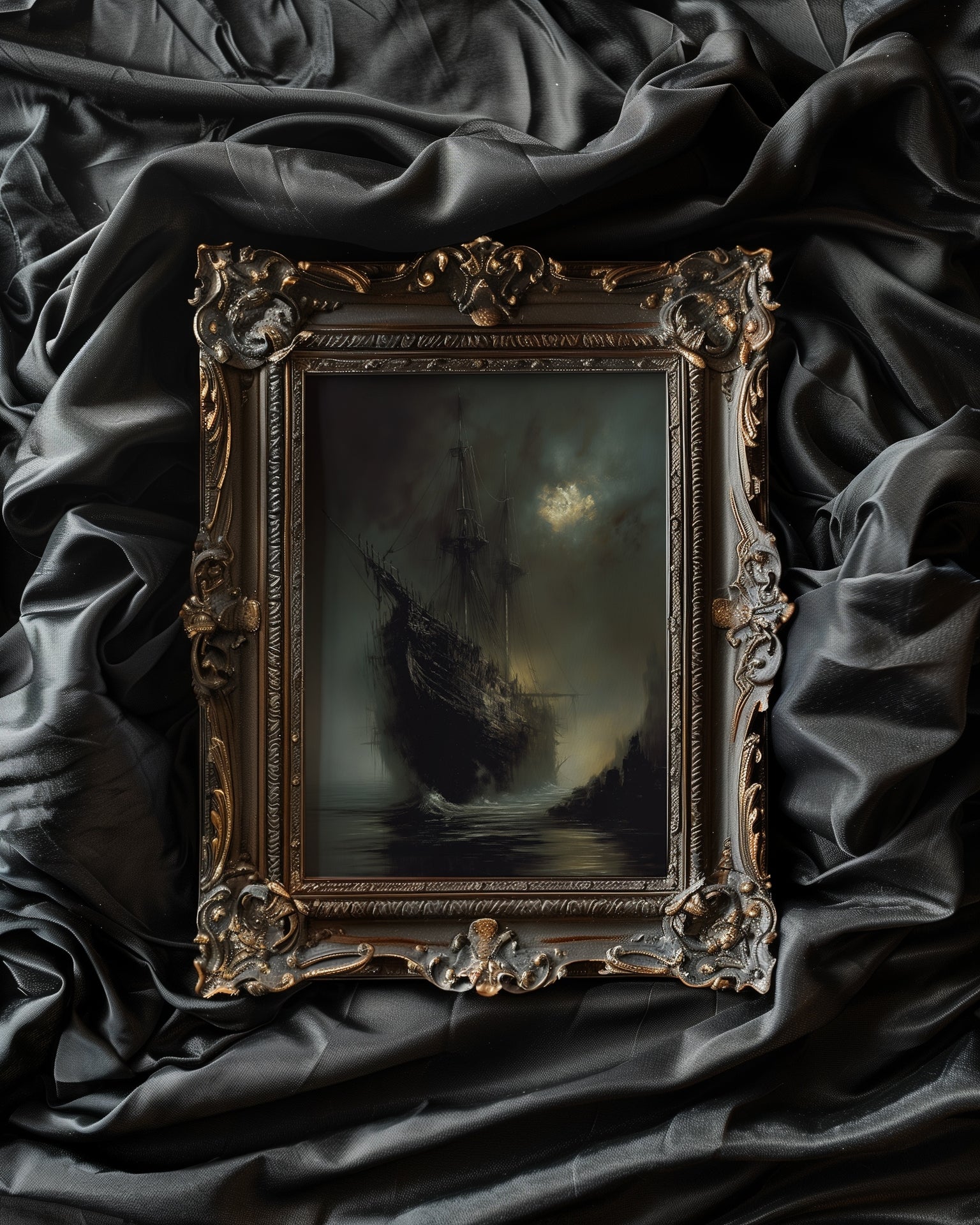 gold framed gothic ghost ship wall art print