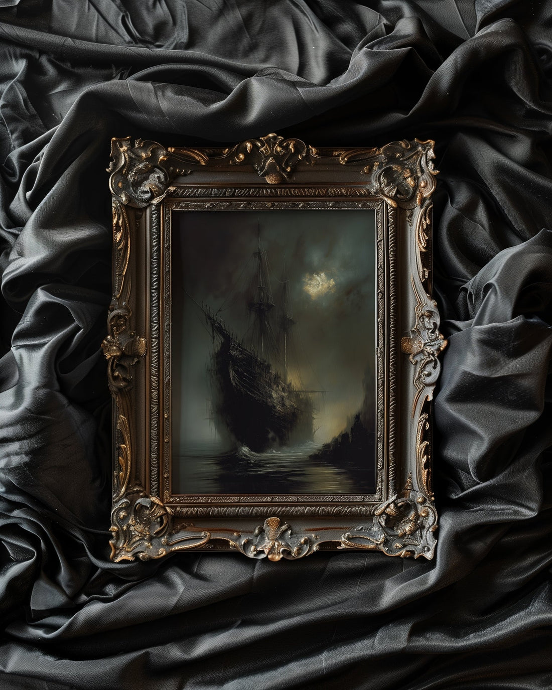 gold framed gothic ghost ship wall art print